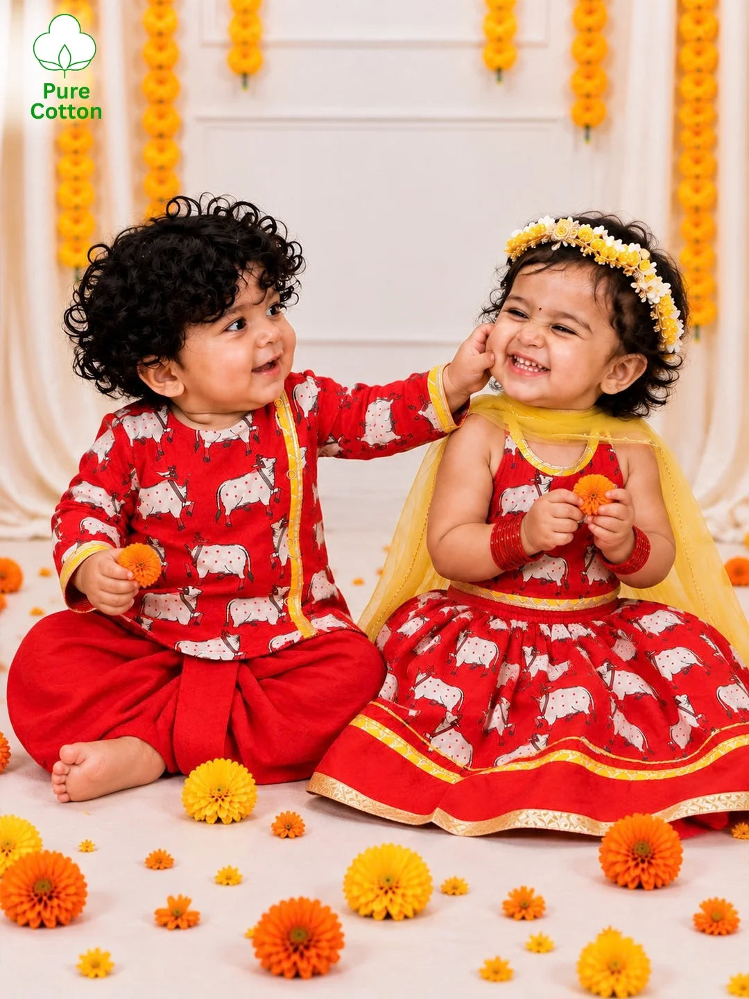 BownBee Pure Cotton Printed Dhoti Kurta & Lehenga Choli With Dupatta Infant Sibling Set