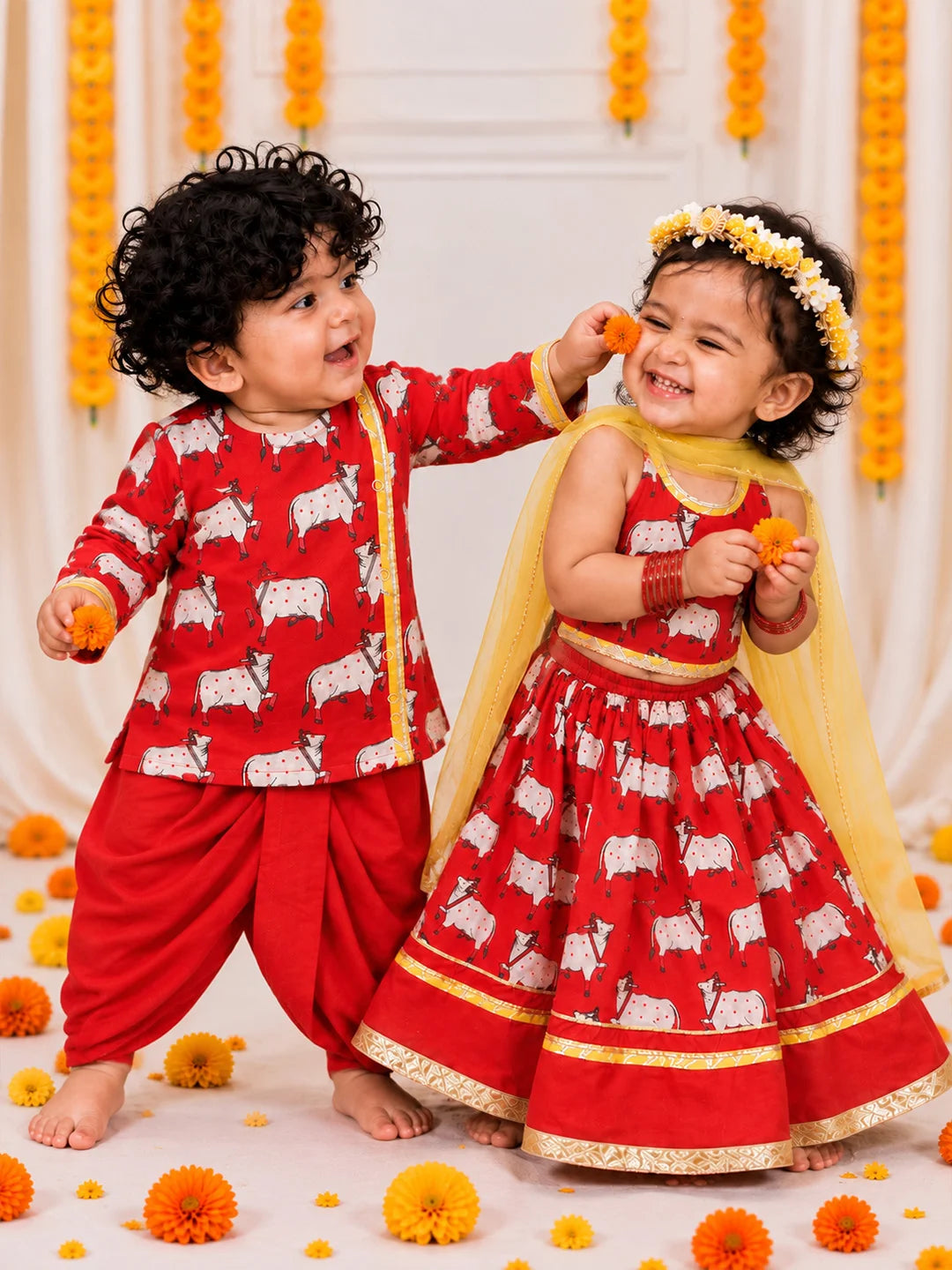 BownBee Pure Cotton Printed Dhoti Kurta & Lehenga Choli With Dupatta Infant Sibling Set