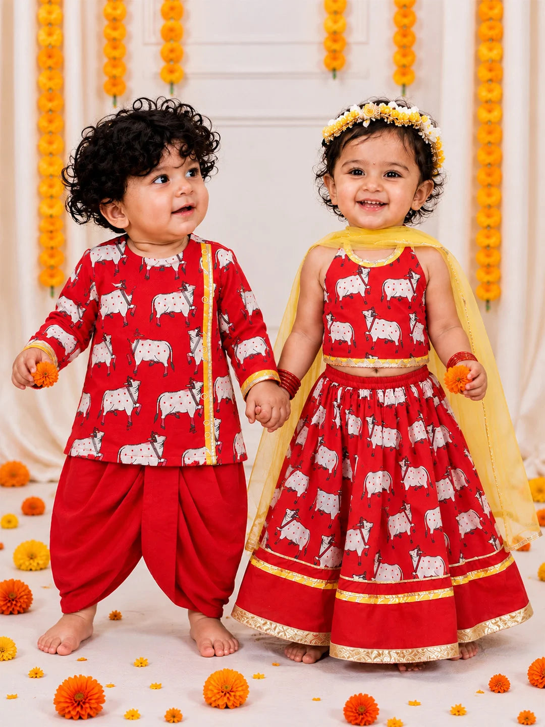 BownBee Pure Cotton Printed Dhoti Kurta & Lehenga Choli With Dupatta Infant Sibling Set