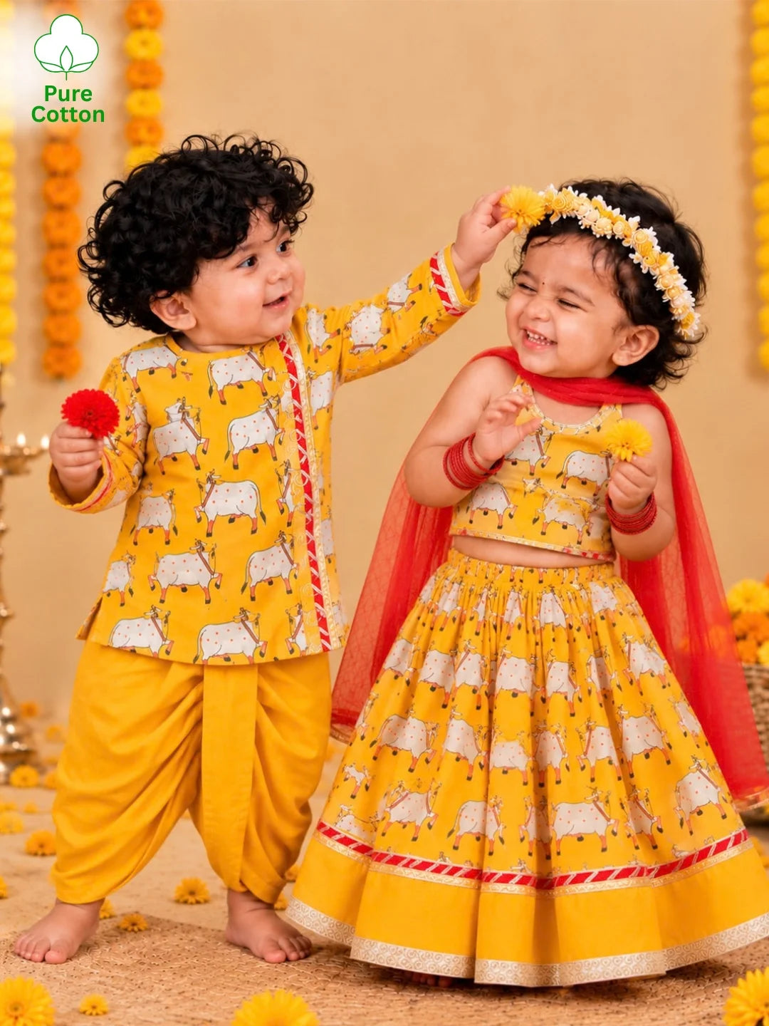 BownBee Pure Cotton Printed Dhoti Kurta & Lehenga Choli With Dupatta Infant Sibling Set