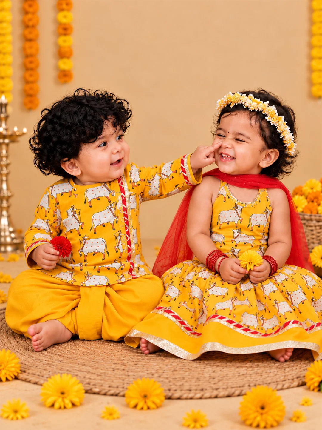 BownBee Pure Cotton Printed Dhoti Kurta & Lehenga Choli With Dupatta Infant Sibling Set