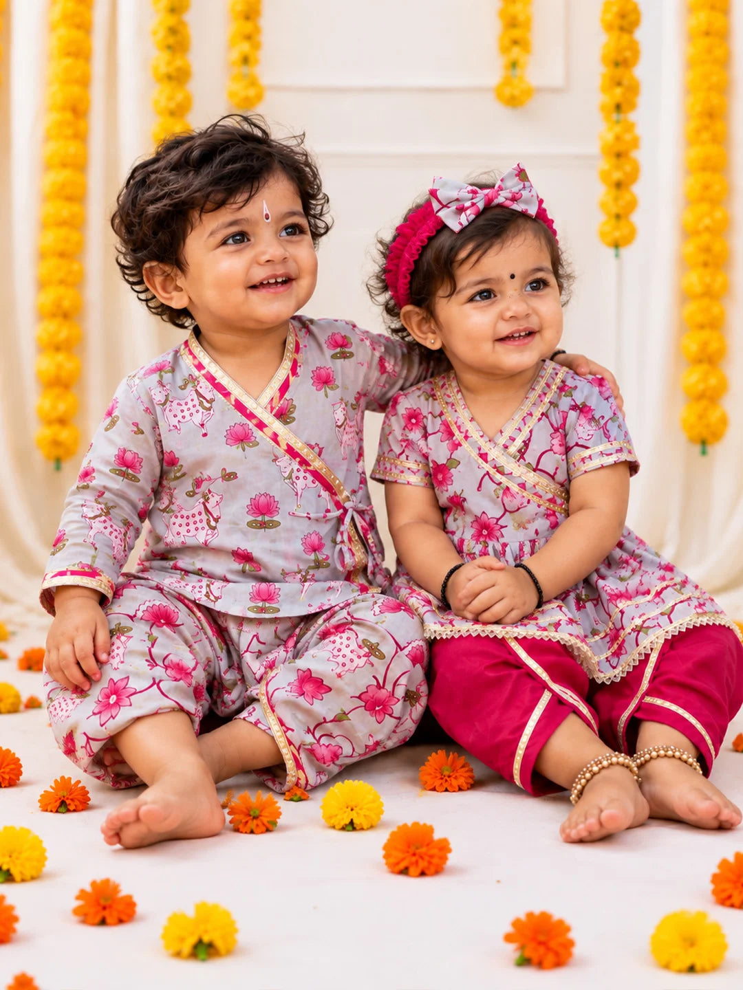 BownBee Pure Cotton Printed Dhoti Kurta & Ethnic Suit With Hairband Infant Sibling Set