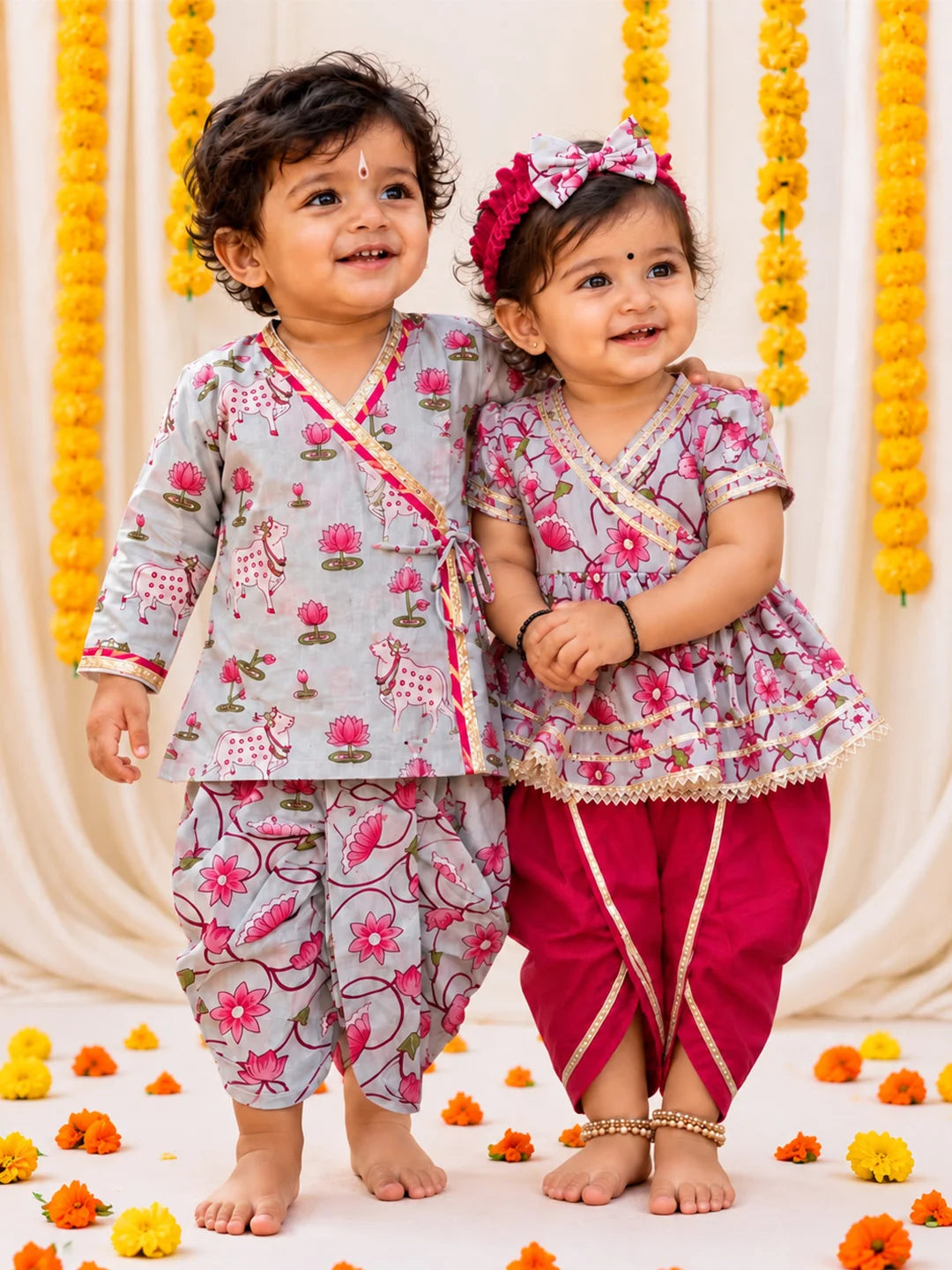 BownBee Pure Cotton Printed Dhoti Kurta & Ethnic Suit With Hairband Infant Sibling Set
