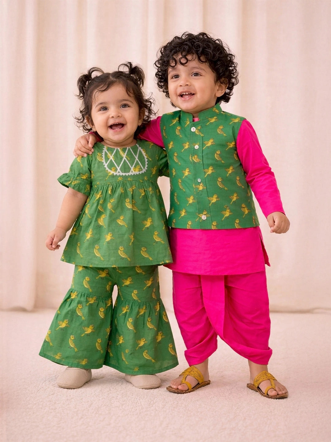 BownBee Quirky Printed lehenga Choli & dhoti kurta With Jacket Sibling Set