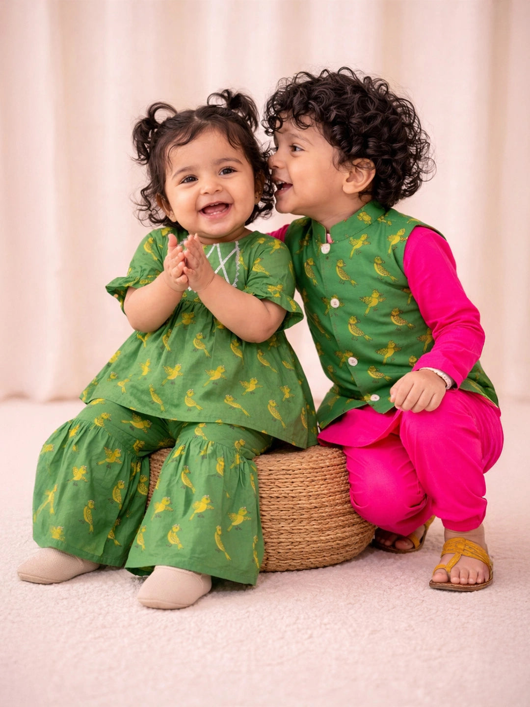 BownBee Quirky Printed lehenga Choli & dhoti kurta With Jacket Sibling Set