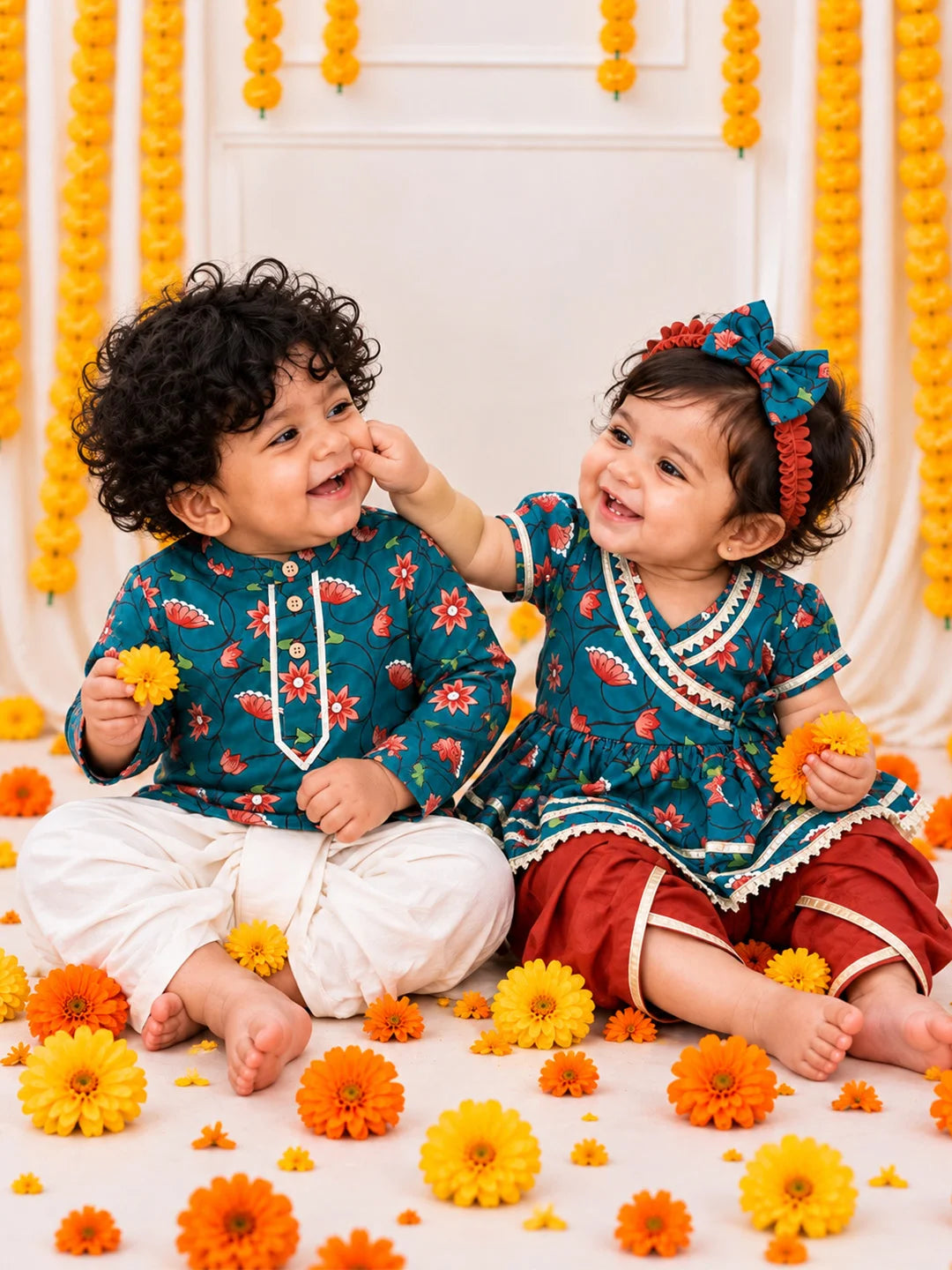 BownBee Pure Cotton Printed Dhoti Kurta & Ethnic Suit With Hairband Infant Sibling Set
