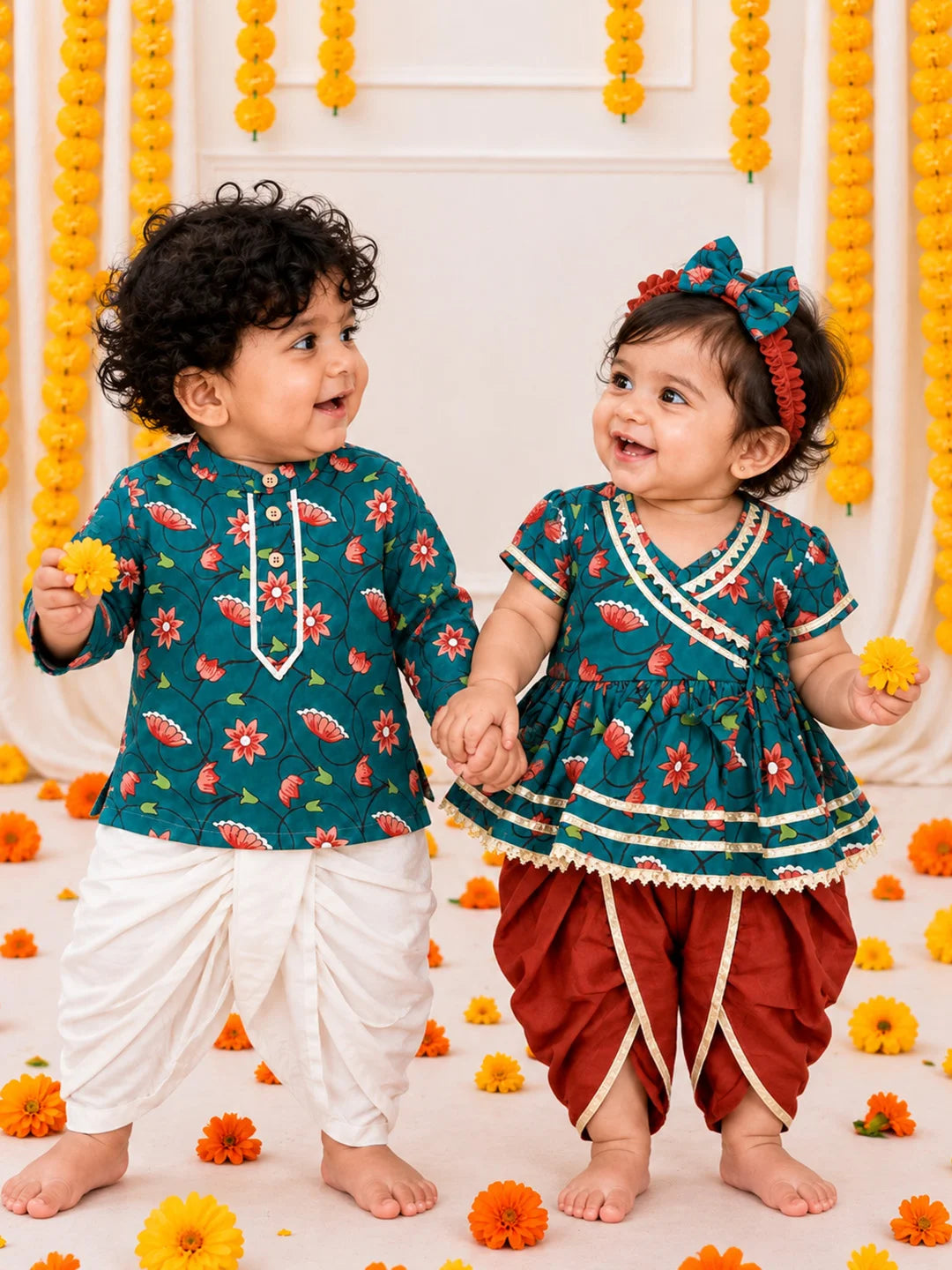 BownBee Pure Cotton Printed Dhoti Kurta & Ethnic Suit With Hairband Infant Sibling Set