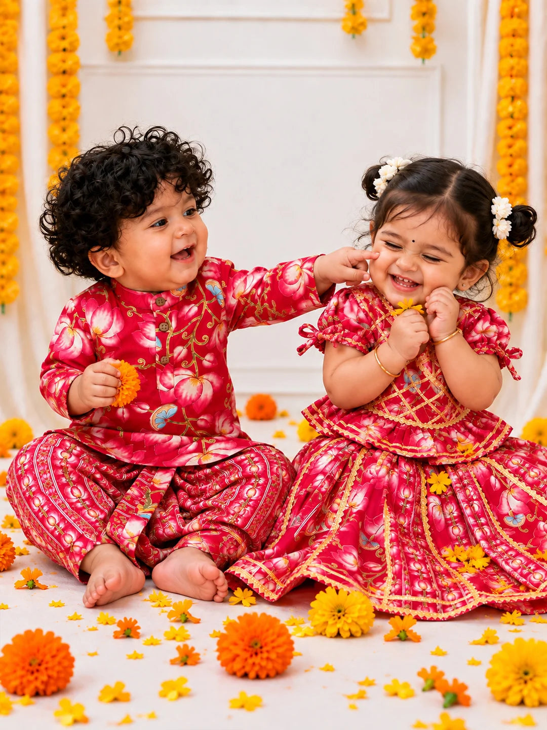 BownBee Pure Cotton Printed Dhoti Kurta & Lehenga Choli Infant Sibling Set