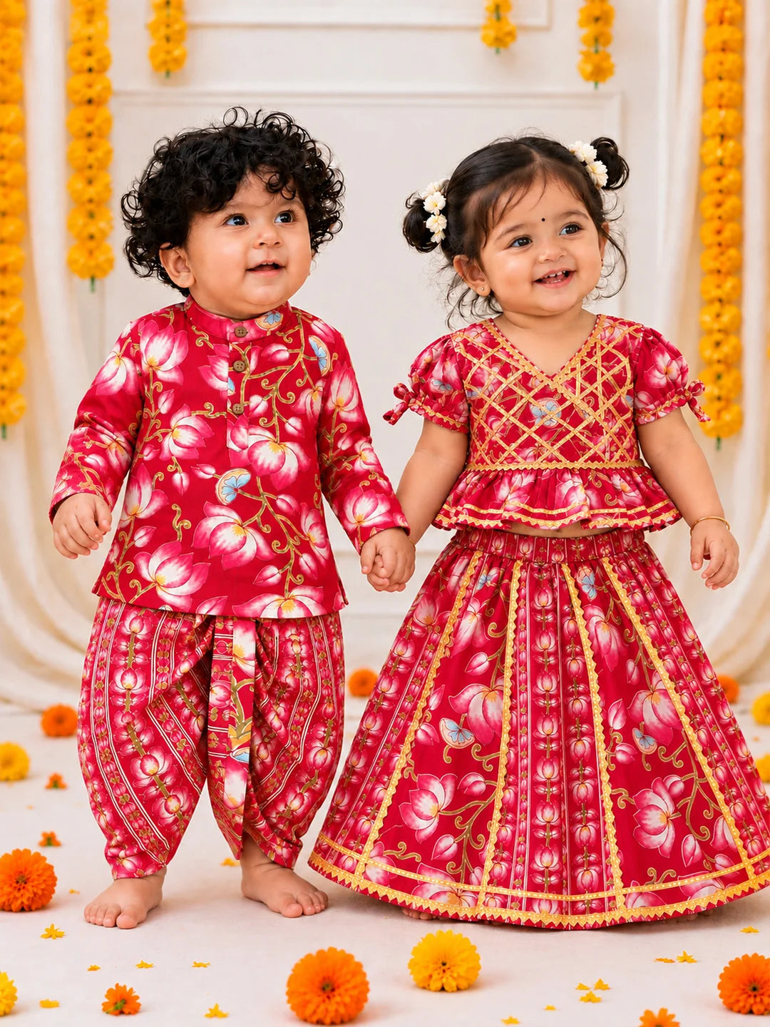 BownBee Pure Cotton Printed Dhoti Kurta & Lehenga Choli Infant Sibling Set
