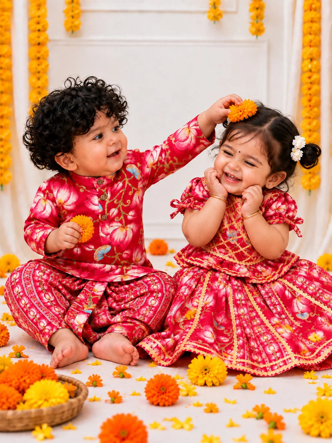 BownBee Pure Cotton Printed Dhoti Kurta & Lehenga Choli Infant Sibling Set