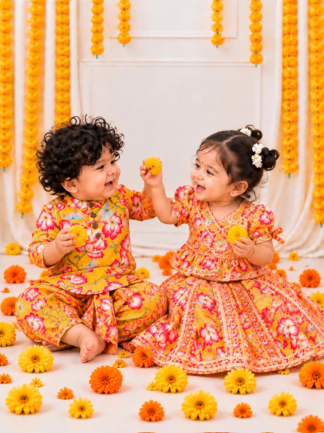 BownBee Pure Cotton Printed Dhoti Kurta & Lehenga Choli Infant Sibling Set