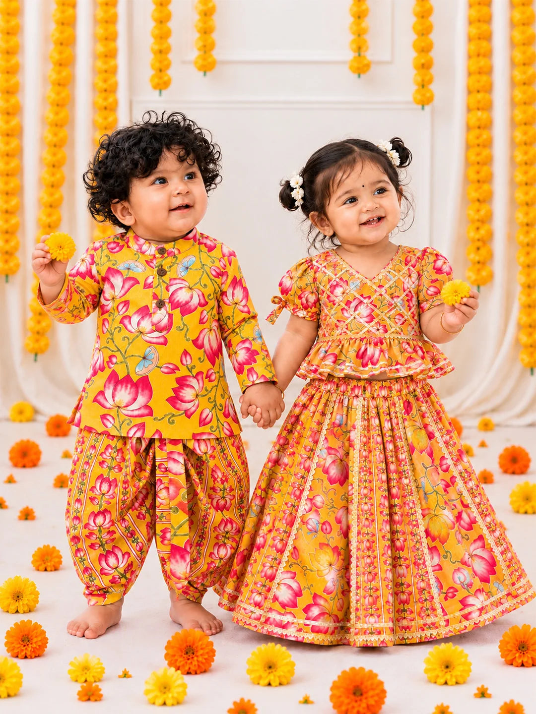 BownBee Pure Cotton Printed Dhoti Kurta & Lehenga Choli Infant Sibling Set