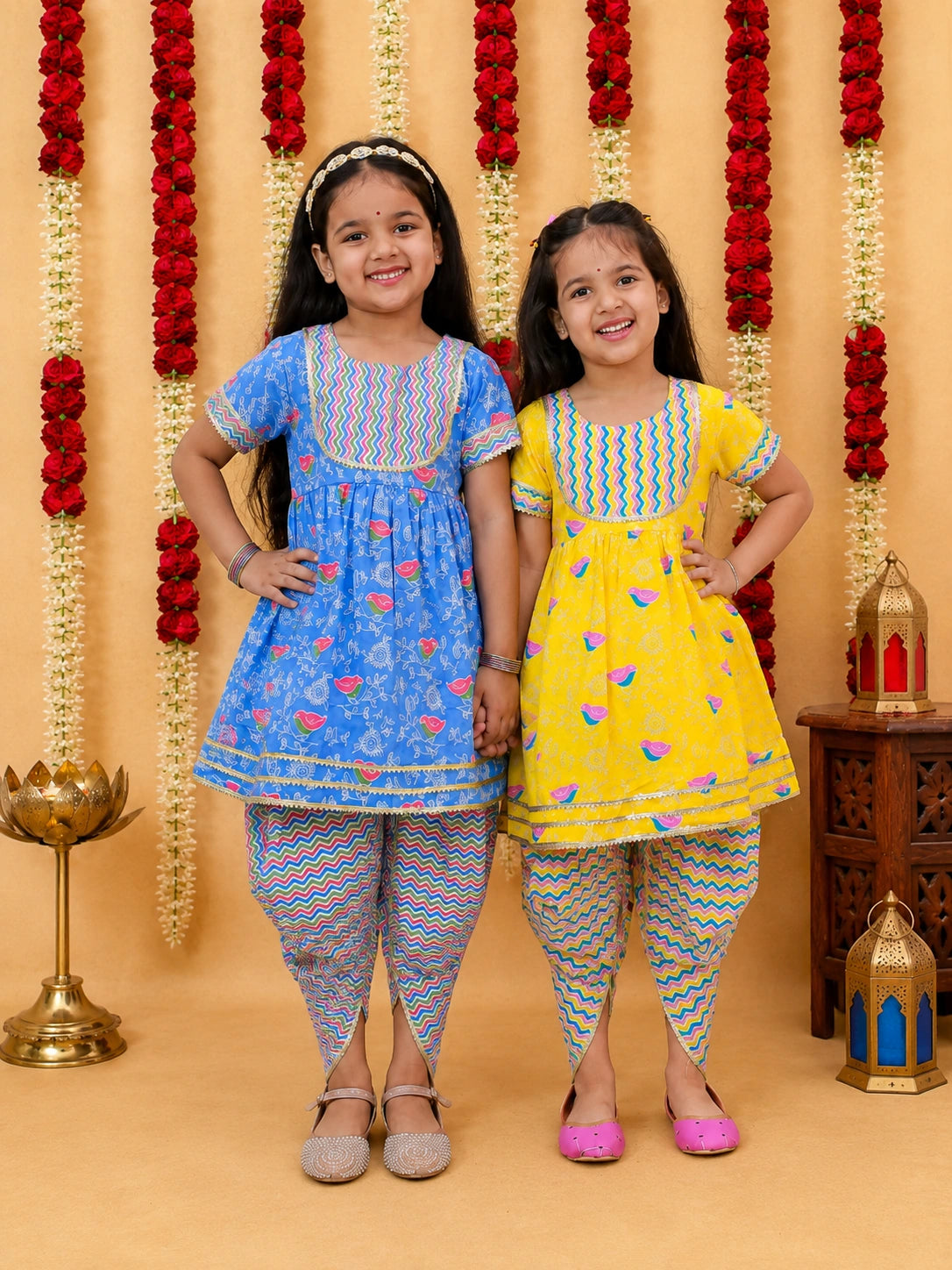 Pure Cotton Short Sleeves Kurti With Dhoti Sibling Set Yellow & Blue Combo