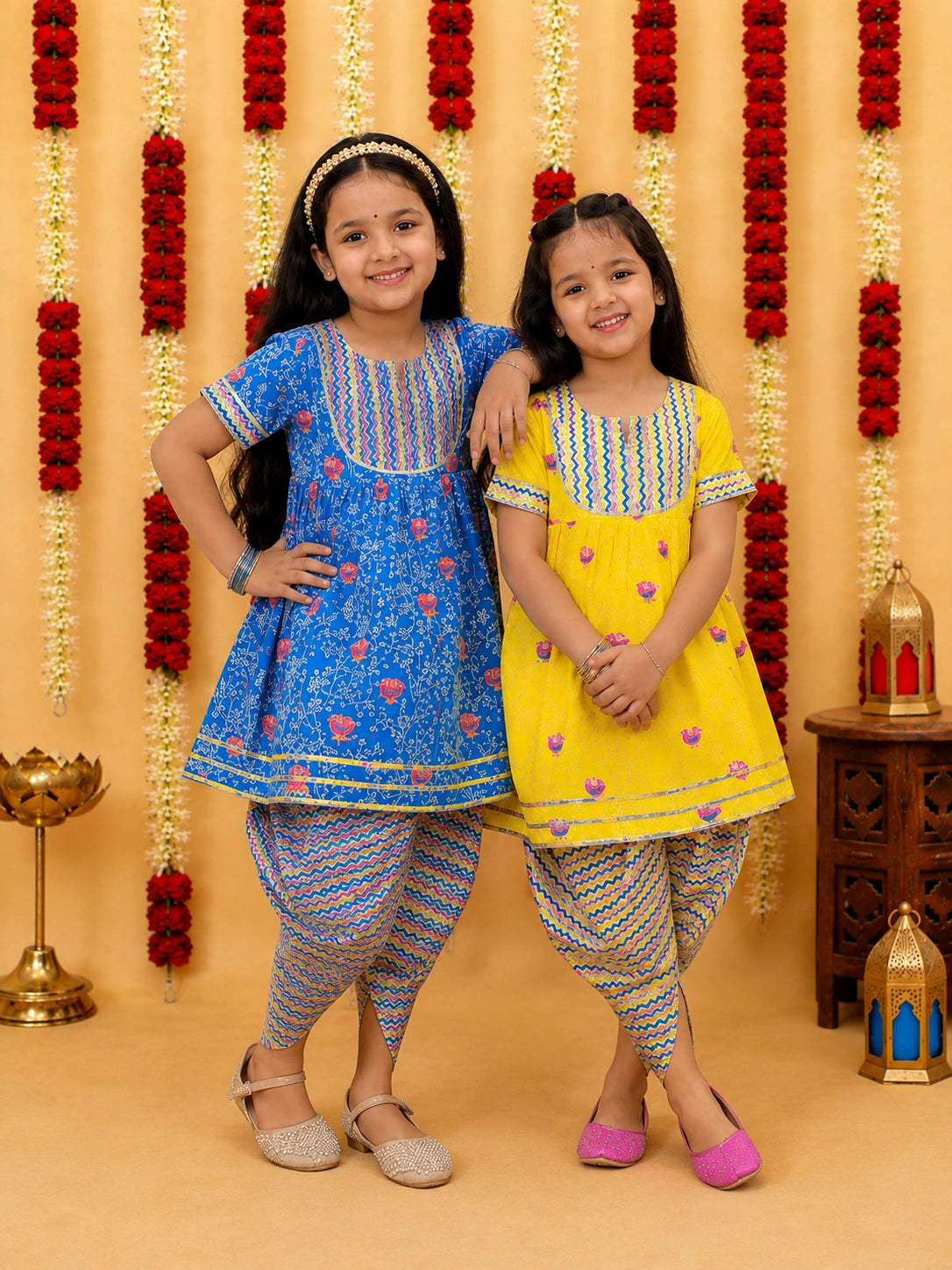 Pure Cotton Short Sleeves Kurti With Dhoti Sibling Set Yellow & Blue Combo