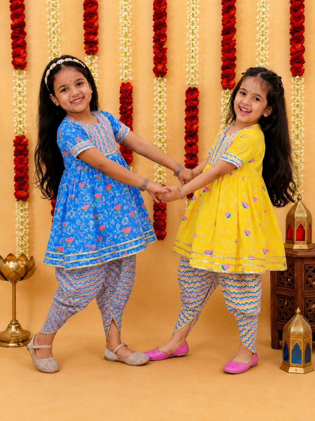 Pure Cotton Short Sleeves Kurti With Dhoti Sibling Set Yellow & Blue Combo