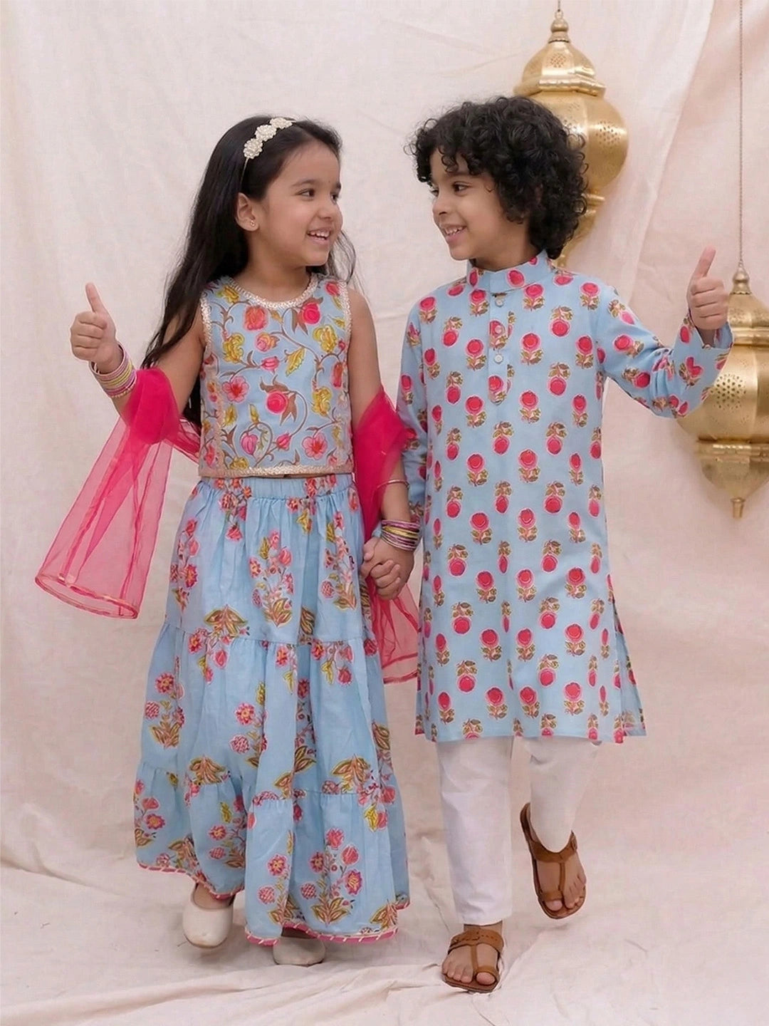 BownBee Floral Printed Kurta Pajama & Lehenga Choli With Dupatta Sibling set
