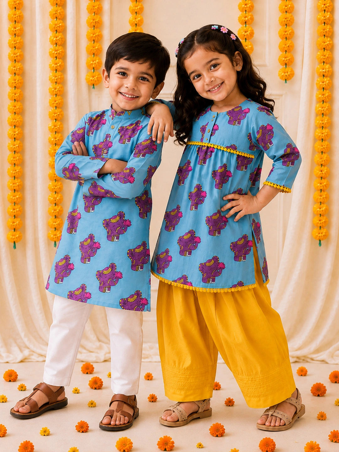BownBee Cotton Kurta Pajama & Ethnic Suit  Sibling Set