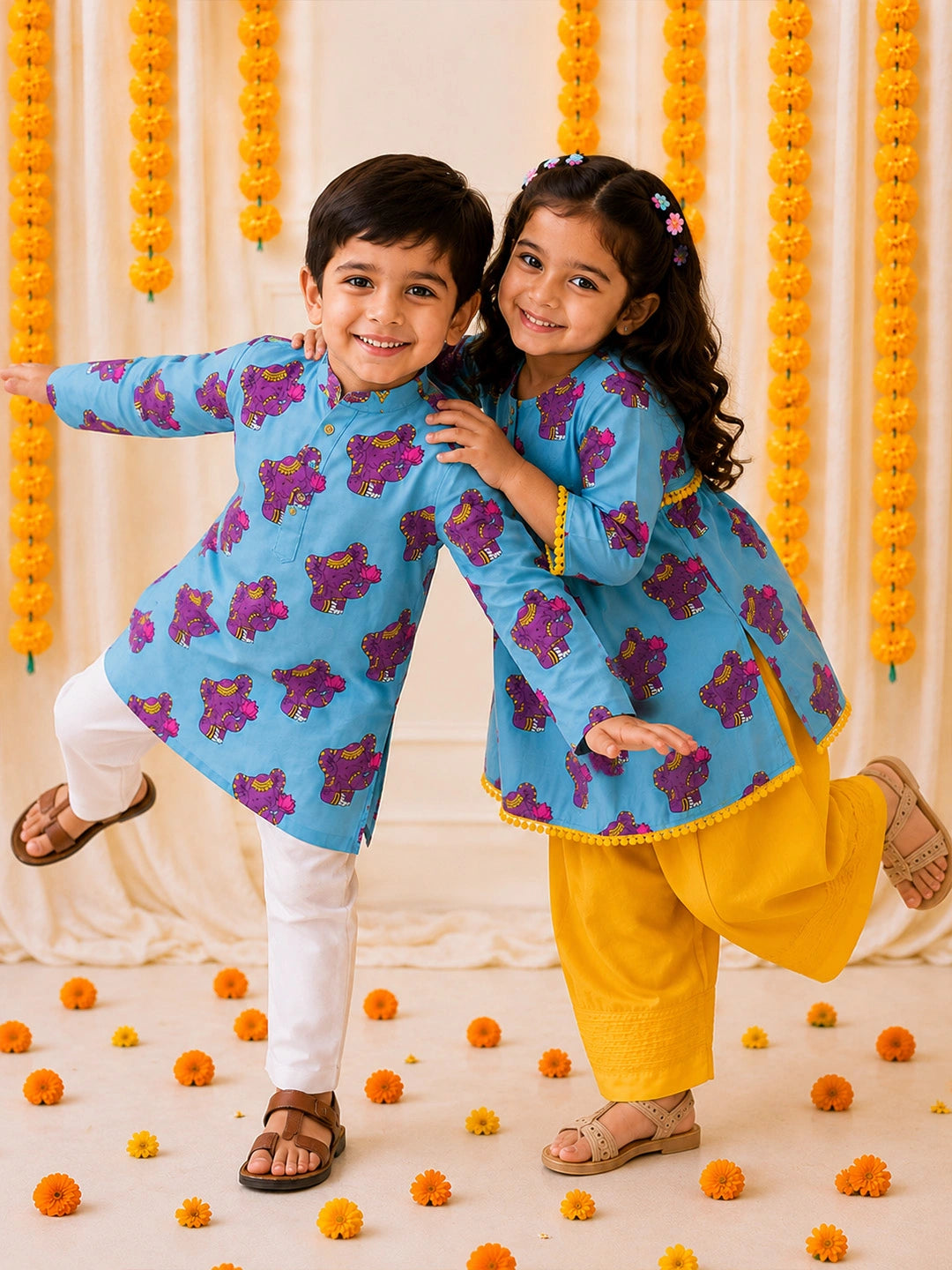 BownBee Cotton Kurta Pajama & Ethnic Suit  Sibling Set