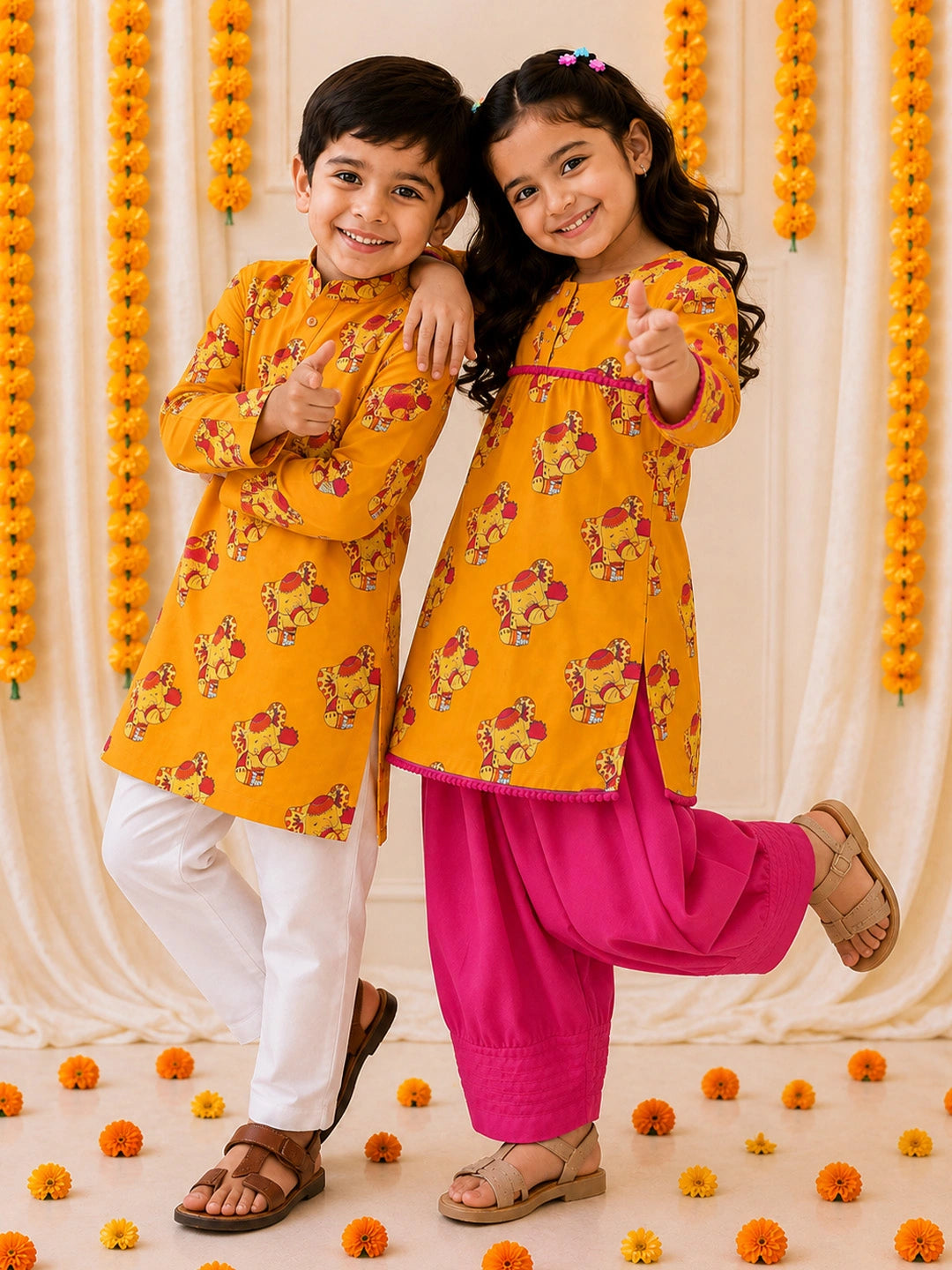 BownBee Cotton Kurta Pajama & Ethnic Suit  Sibling Set