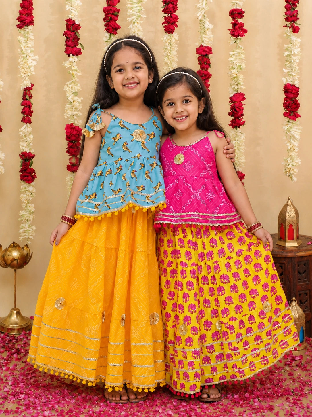 Pure Cotton Printed Lehenga Sibling Set Pink & Blue Combo
