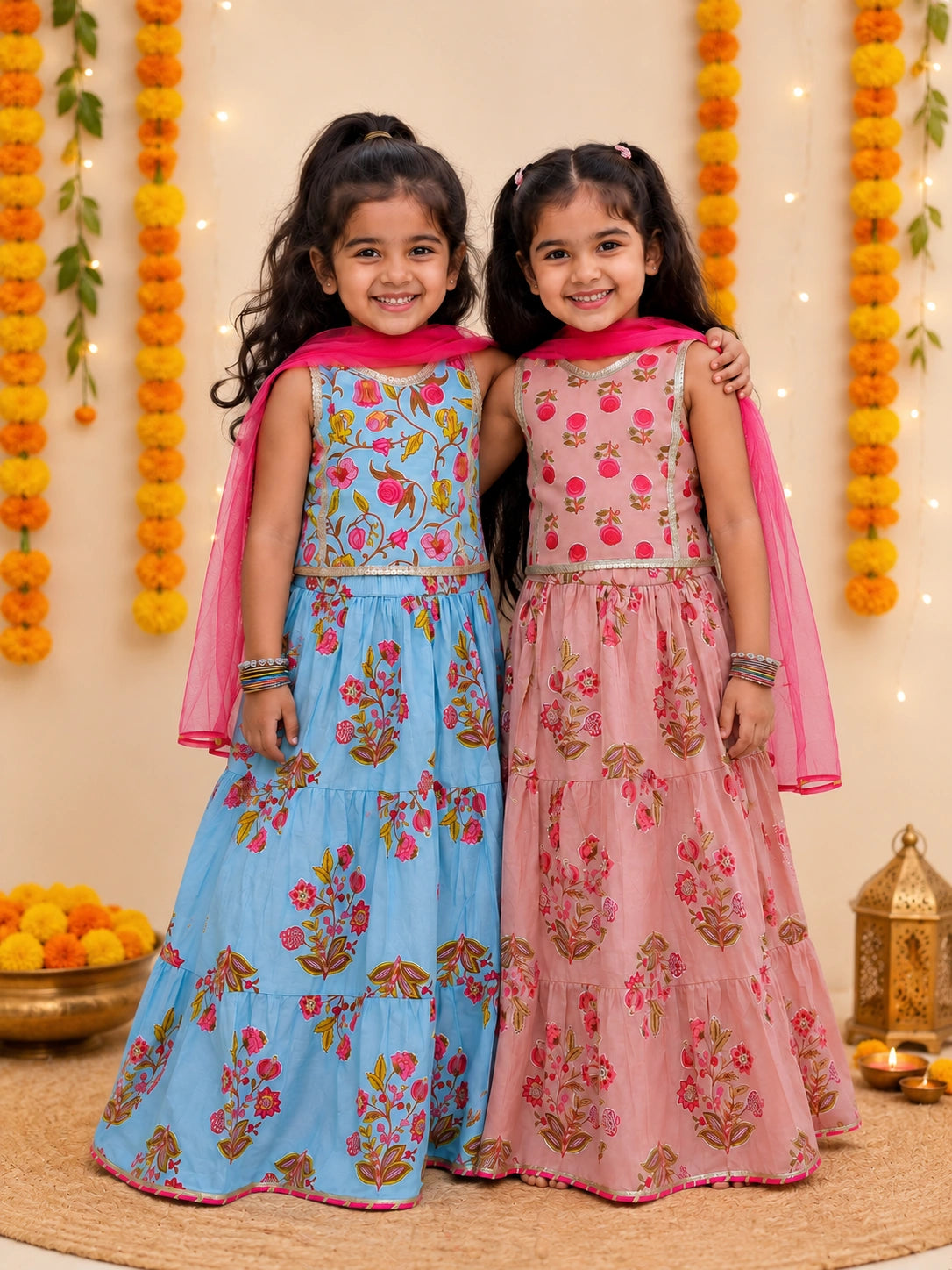Pure Cotton Sleeveless Lehenga Choli With Dupatta Sibling Set Pink & Blue Combo