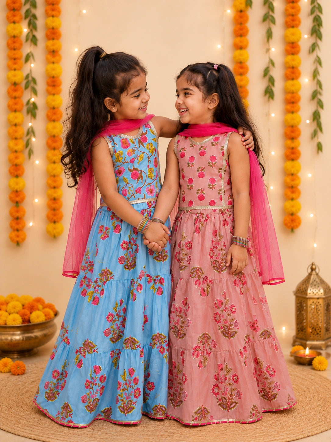 Pure Cotton Sleeveless Lehenga Choli With Dupatta Sibling Set Pink & Blue Combo