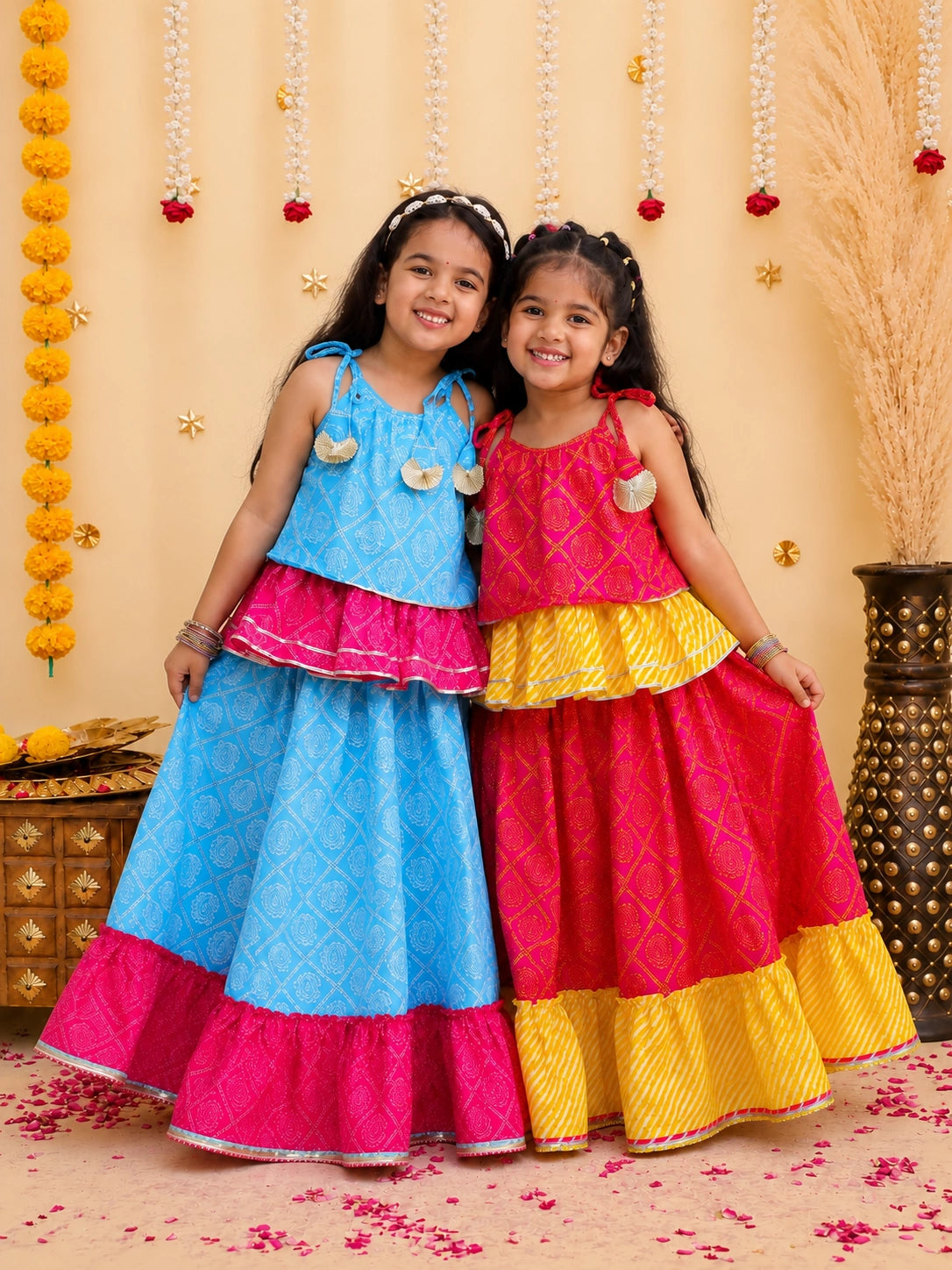 Pure Cotton Sleeveless Lehenga Choli With Dupatta Sibling Set Blue & Pink Combo