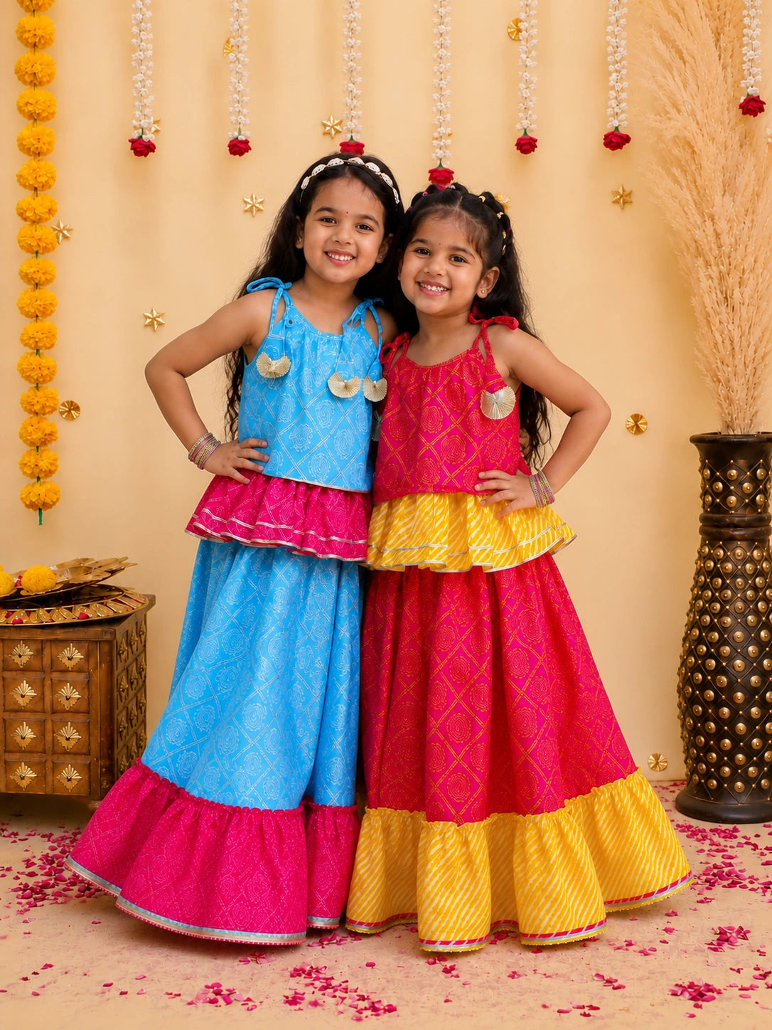 Pure Cotton Sleeveless Lehenga Choli With Dupatta Sibling Set Blue & Pink Combo