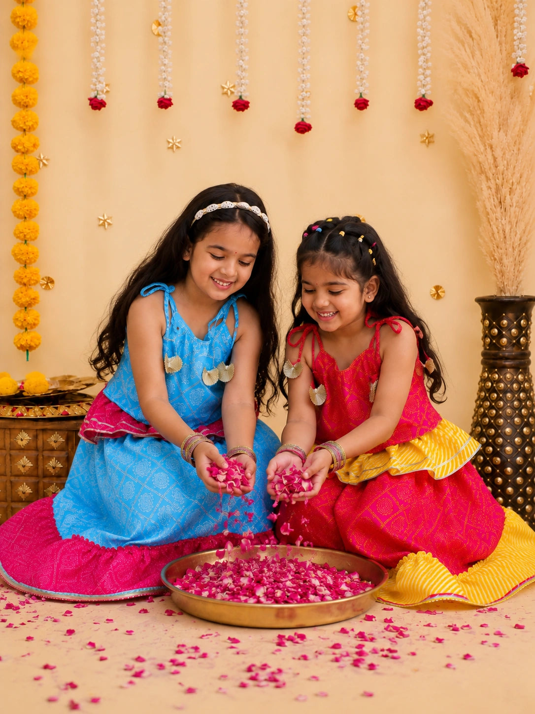 Pure Cotton Sleeveless Lehenga Choli With Dupatta Sibling Set Blue & Pink Combo