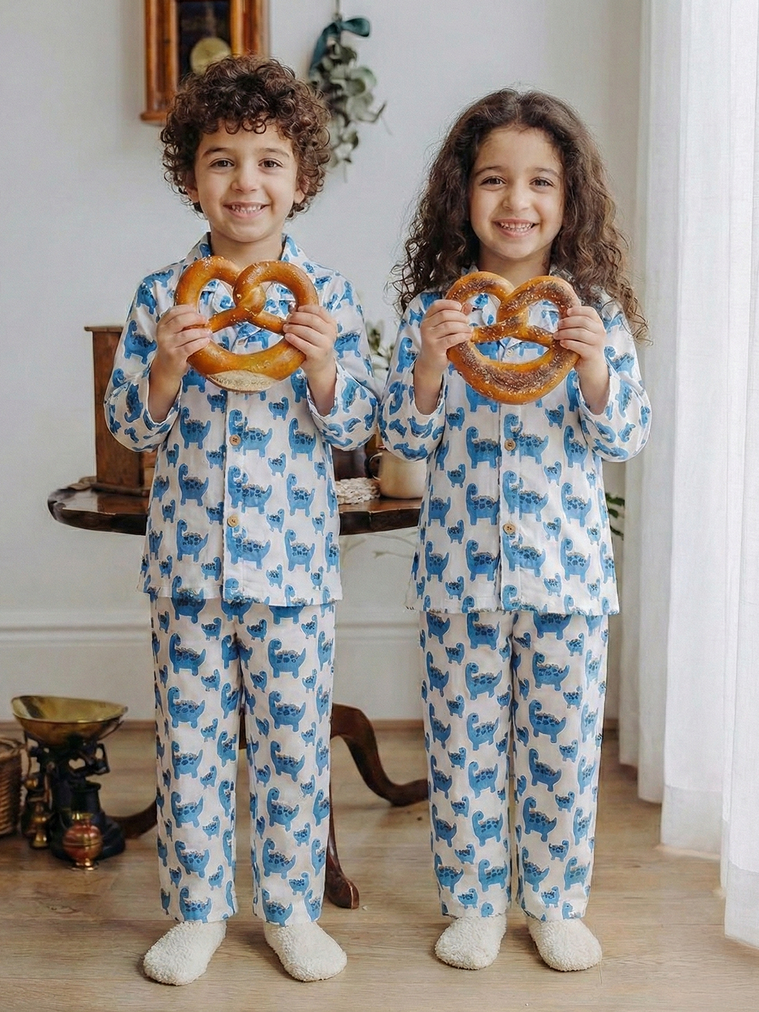 BownBee Pure Cotton Night Suits For Sibling - Blue