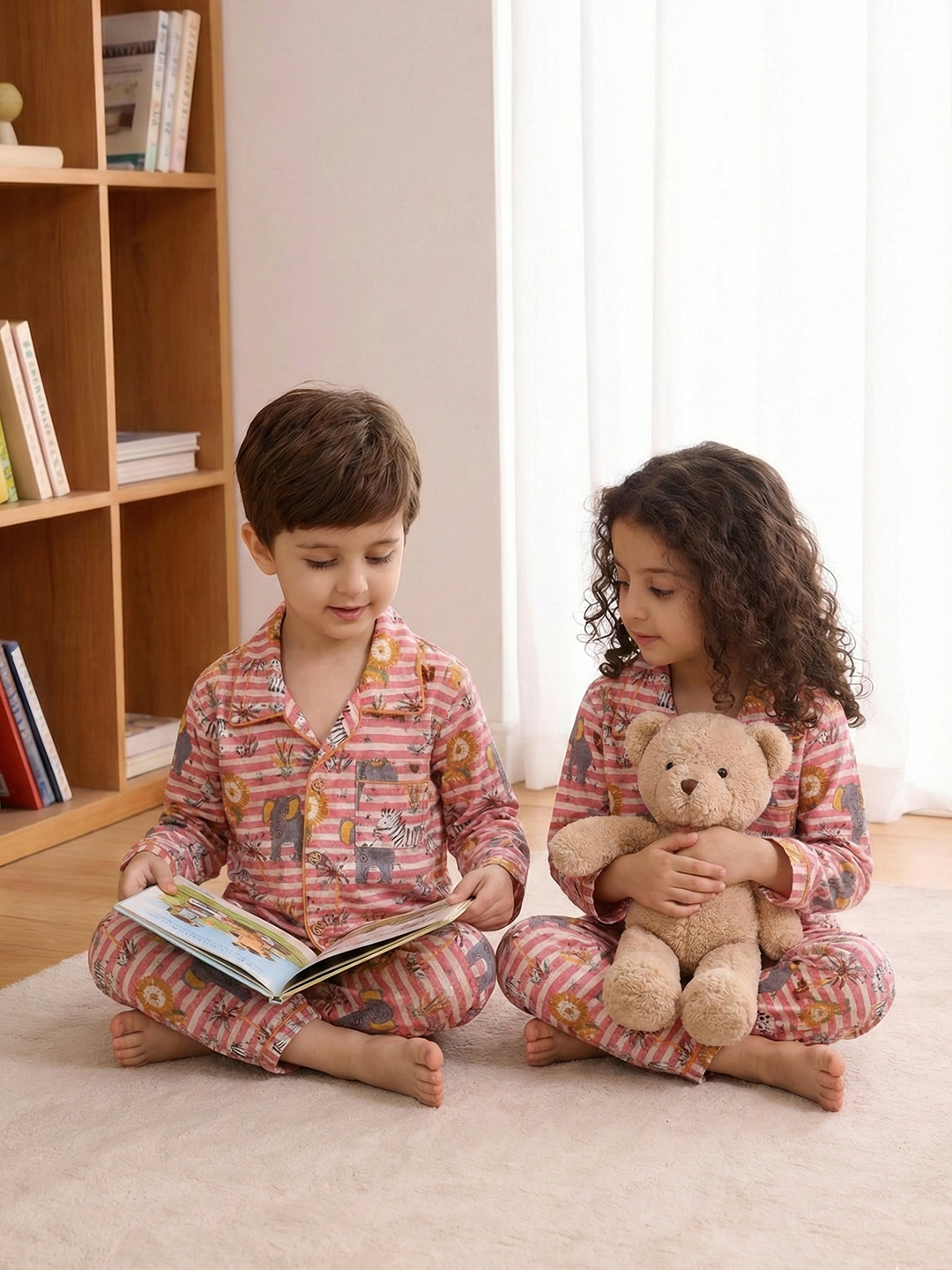 BownBee Pure Cotton Night Suits For Sibling - Pink