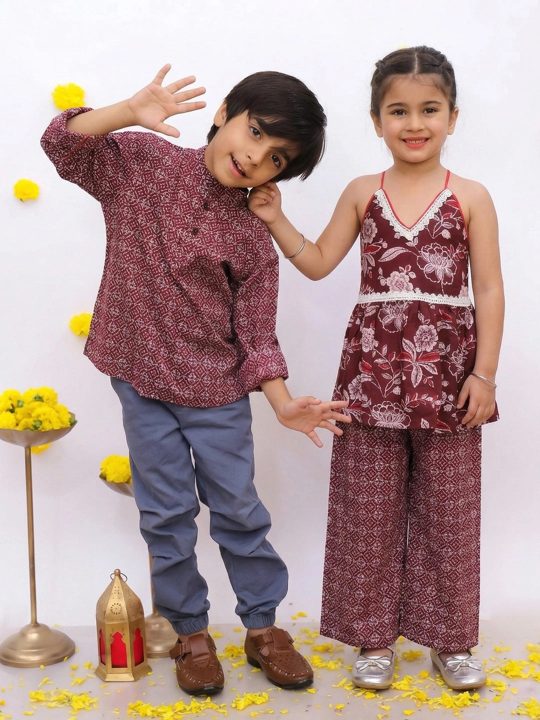 BownBee Sleeveless Top With Palazzo & Printed Full Sleeve Short Kurta Sibling Set
