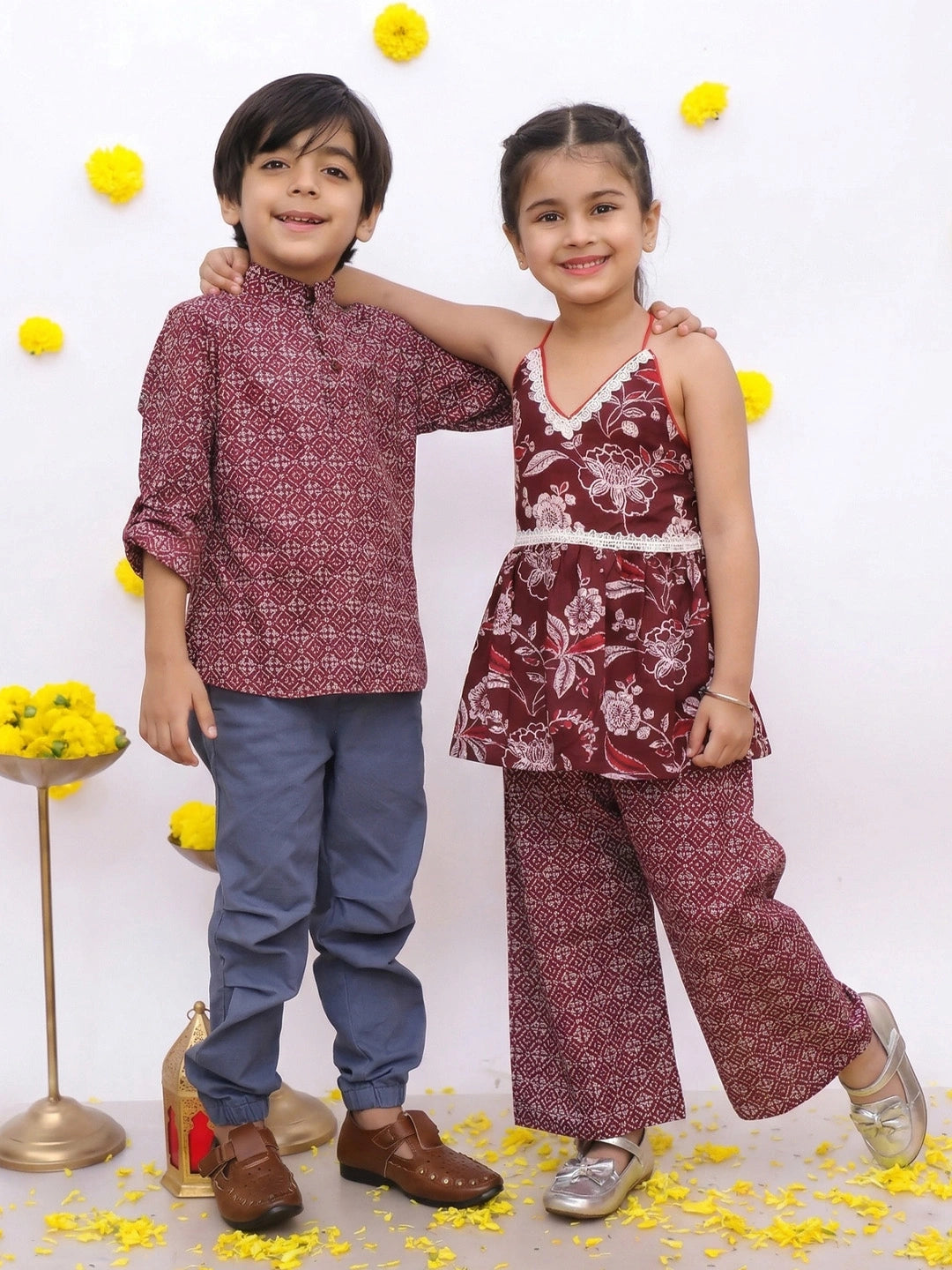 BownBee Sleeveless Top With Palazzo & Printed Full Sleeve Short Kurta Sibling Set