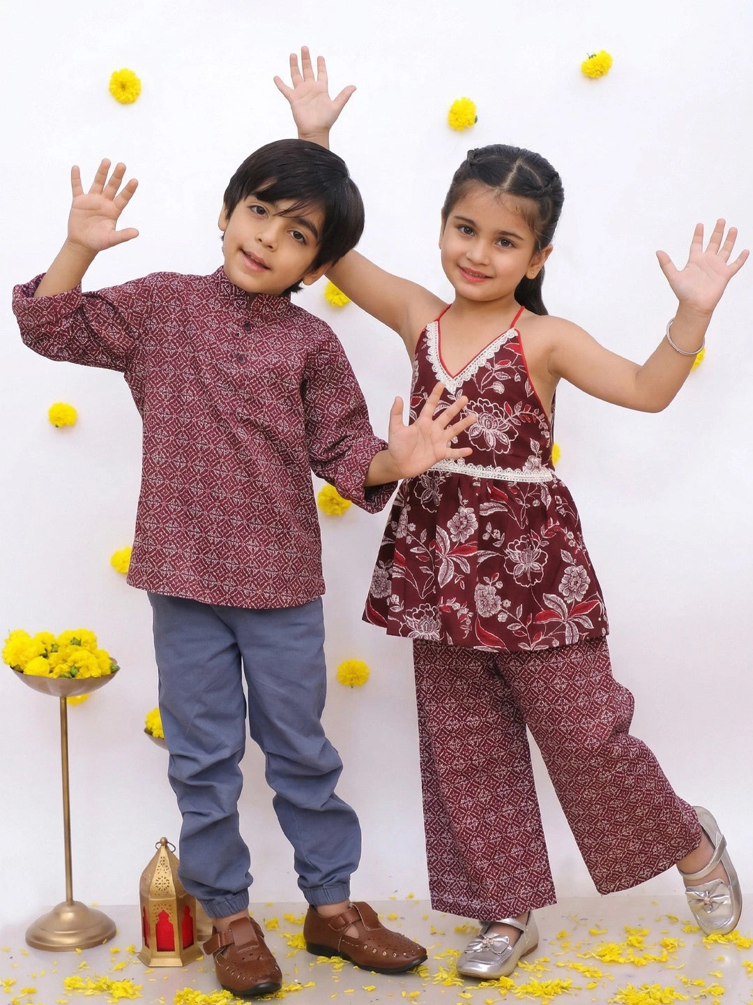 BownBee Sleeveless Top With Palazzo & Printed Full Sleeve Short Kurta Sibling Set