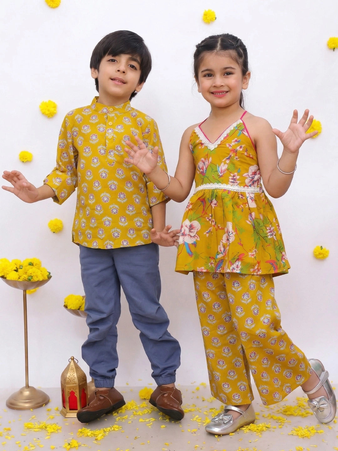 BownBee Sleeveless Top With Palazzo & Printed Full Sleeve Short Kurta Sibling Set