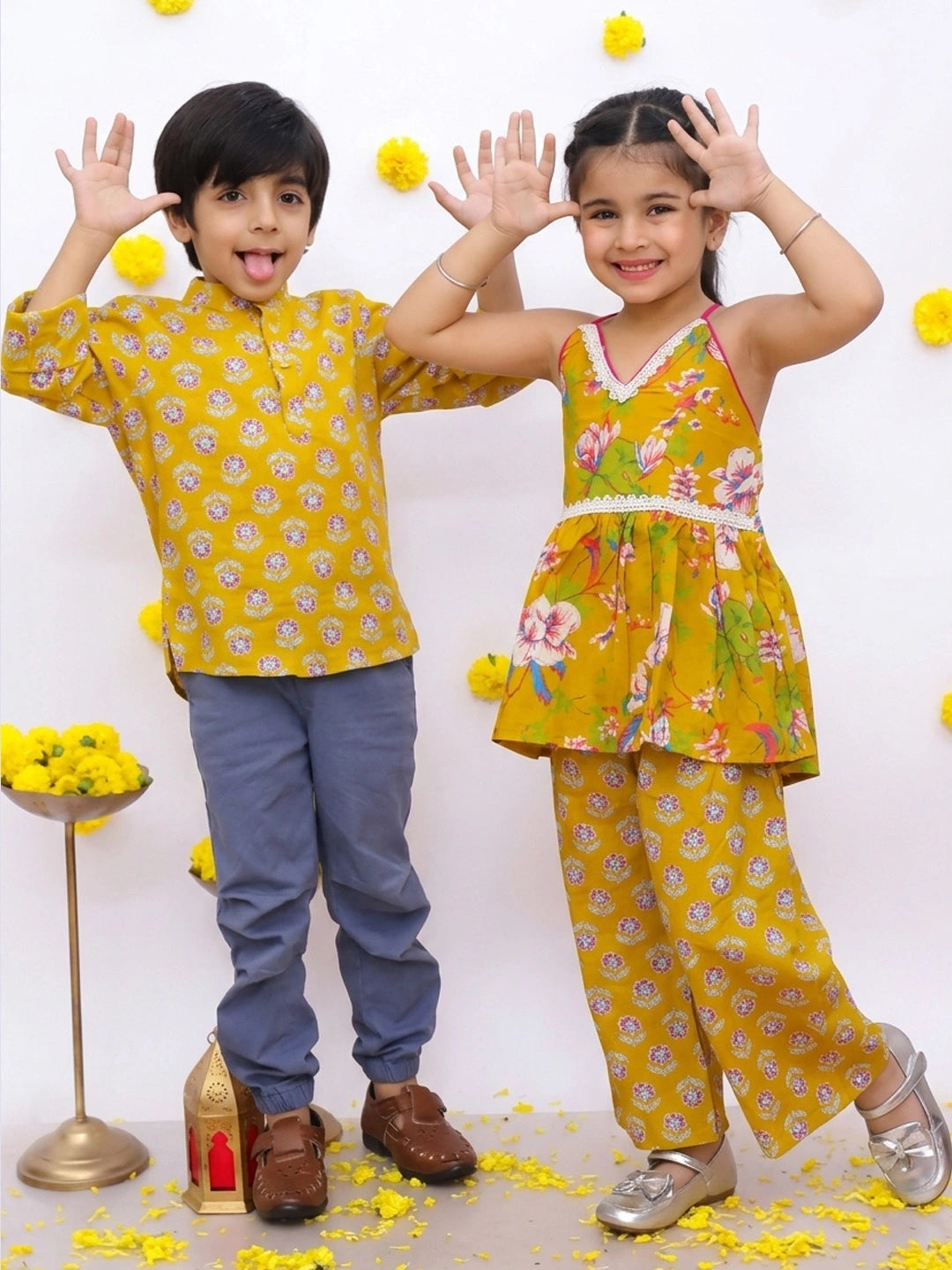 BownBee Sleeveless Top With Palazzo & Printed Full Sleeve Short Kurta Sibling Set