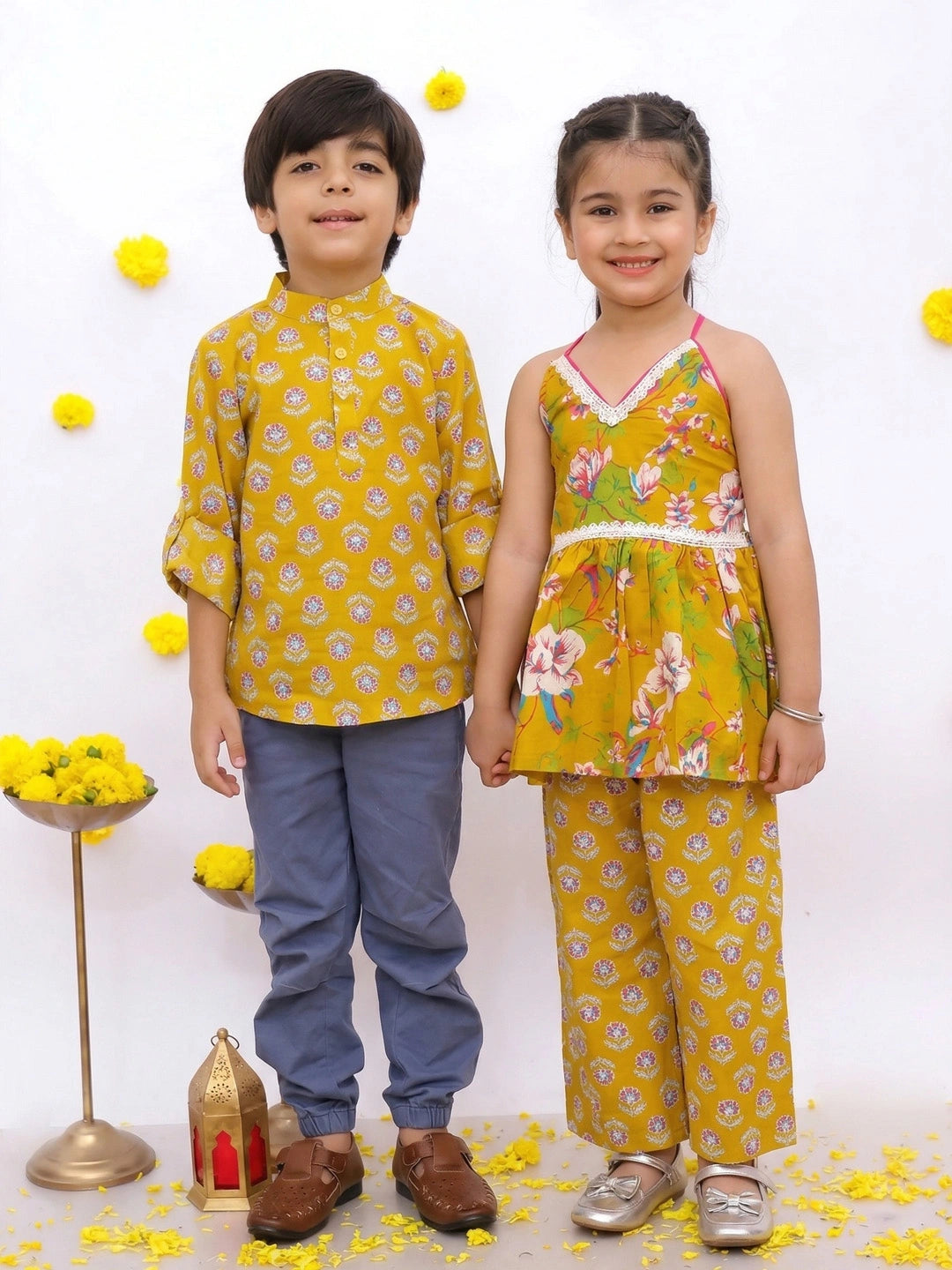 BownBee Sleeveless Top With Palazzo & Printed Full Sleeve Short Kurta Sibling Set