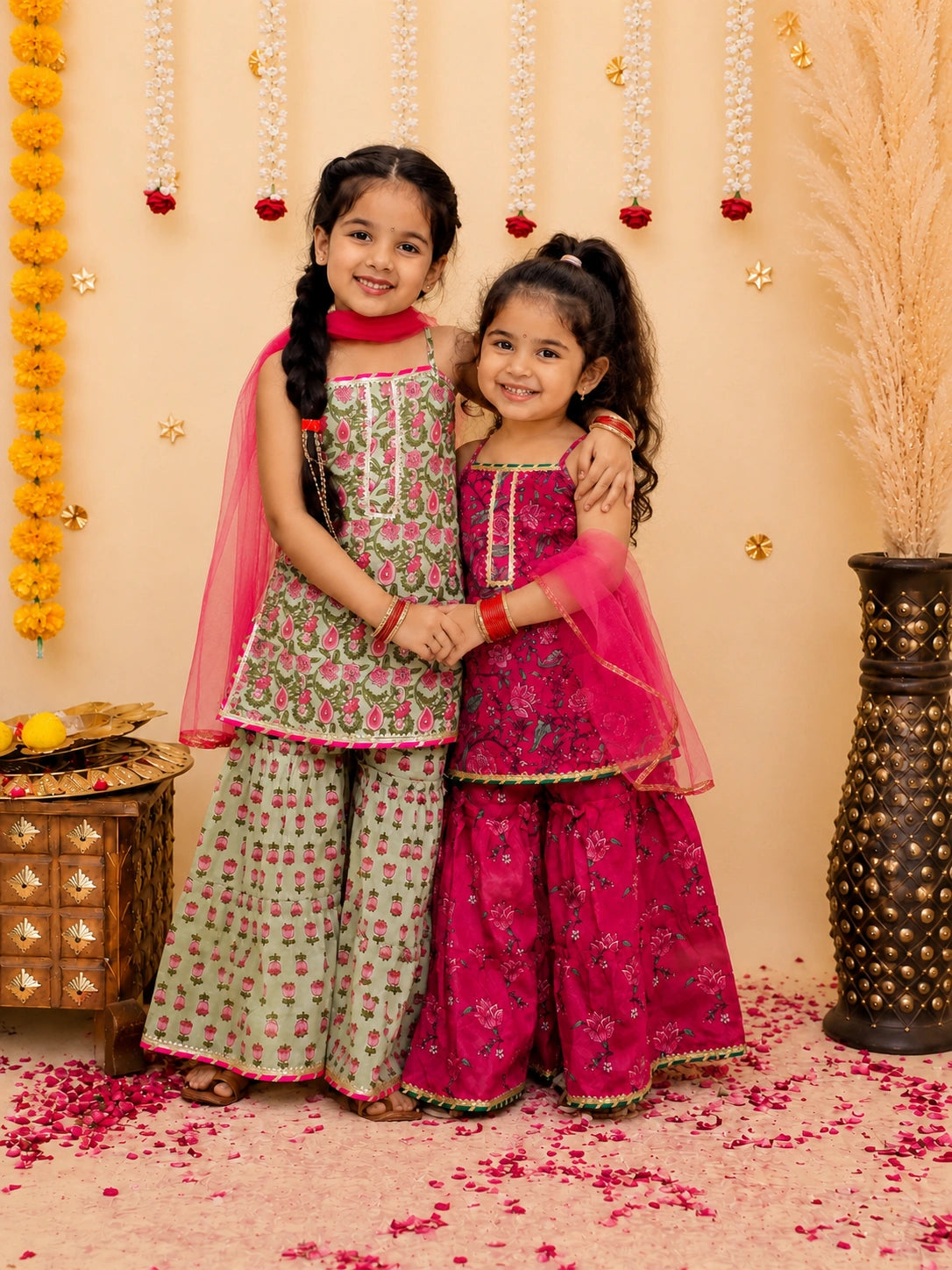 Pure Cotton Sleevless Printed Kurti With Sharara & Dupatta Sibling Set Pink & Green Combo