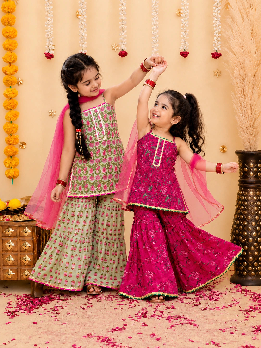 Pure Cotton Sleevless Printed Kurti With Sharara & Dupatta Sibling Set Pink & Green Combo