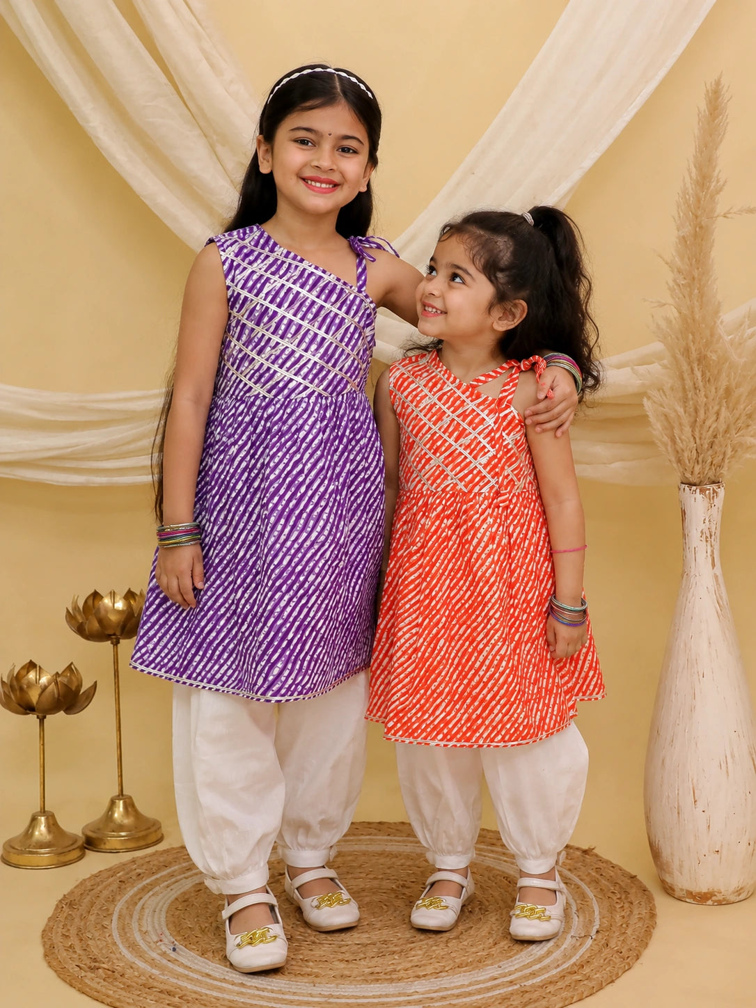 Pure Cotton Lehriya Top With Harem Sibling Set Purple & Orange Combo