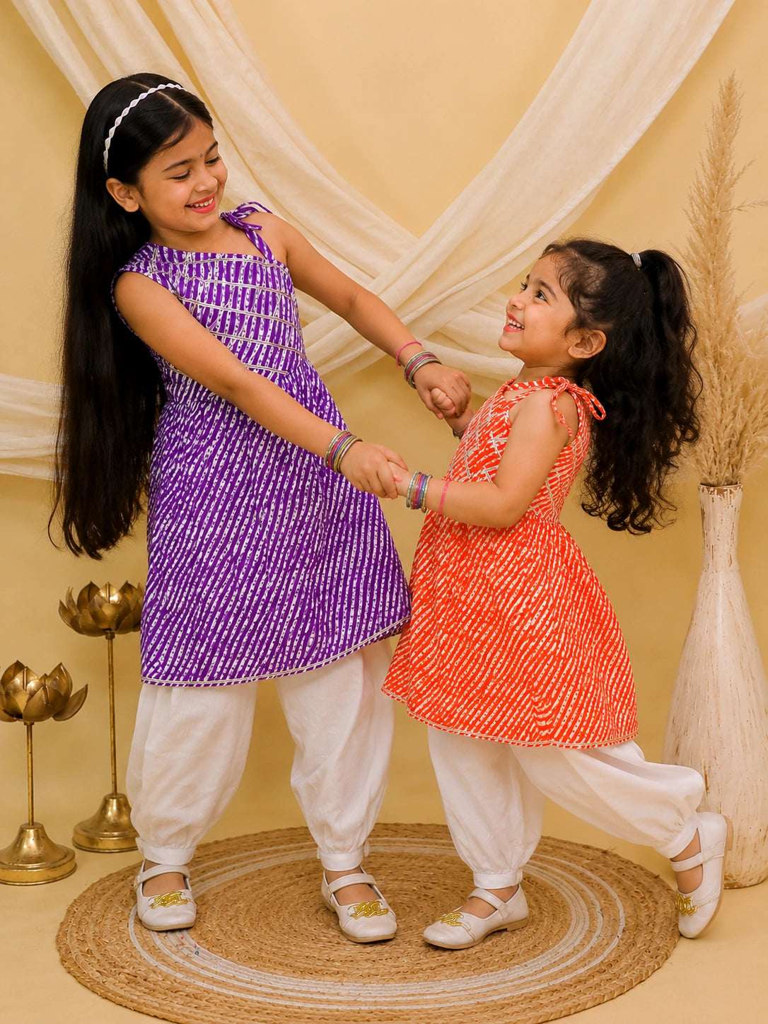 Pure Cotton Lehriya Top With Harem Sibling Set Purple & Orange Combo