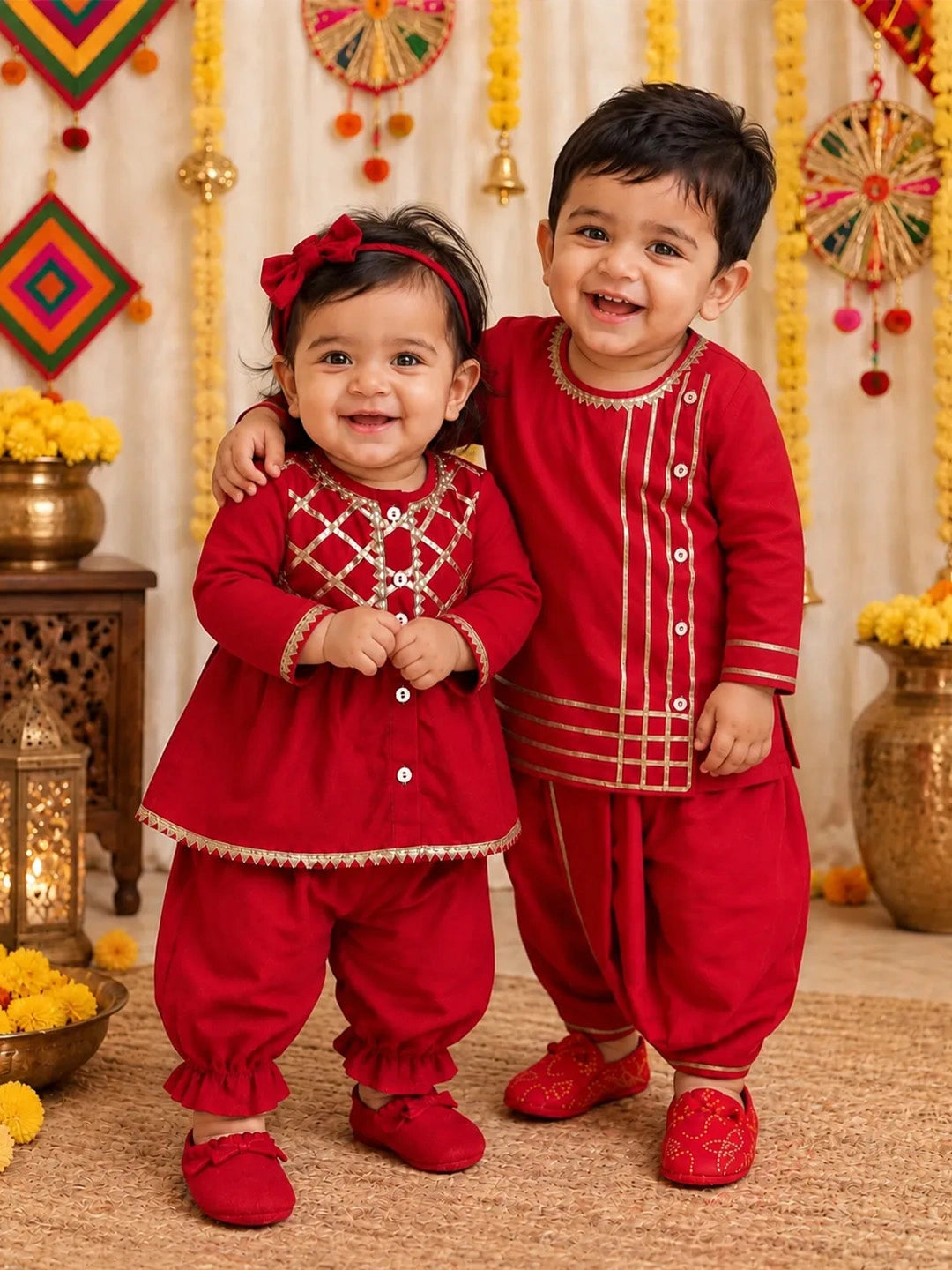 BownBee Pure Cotton Full Sleeve Dhoti Kurta & Ethnic Sibling Set