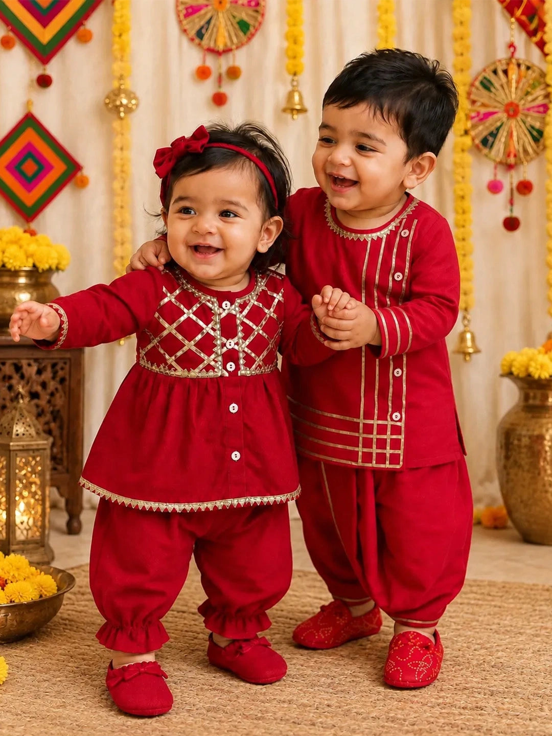 BownBee Pure Cotton Full Sleeve Dhoti Kurta & Ethnic Sibling Set