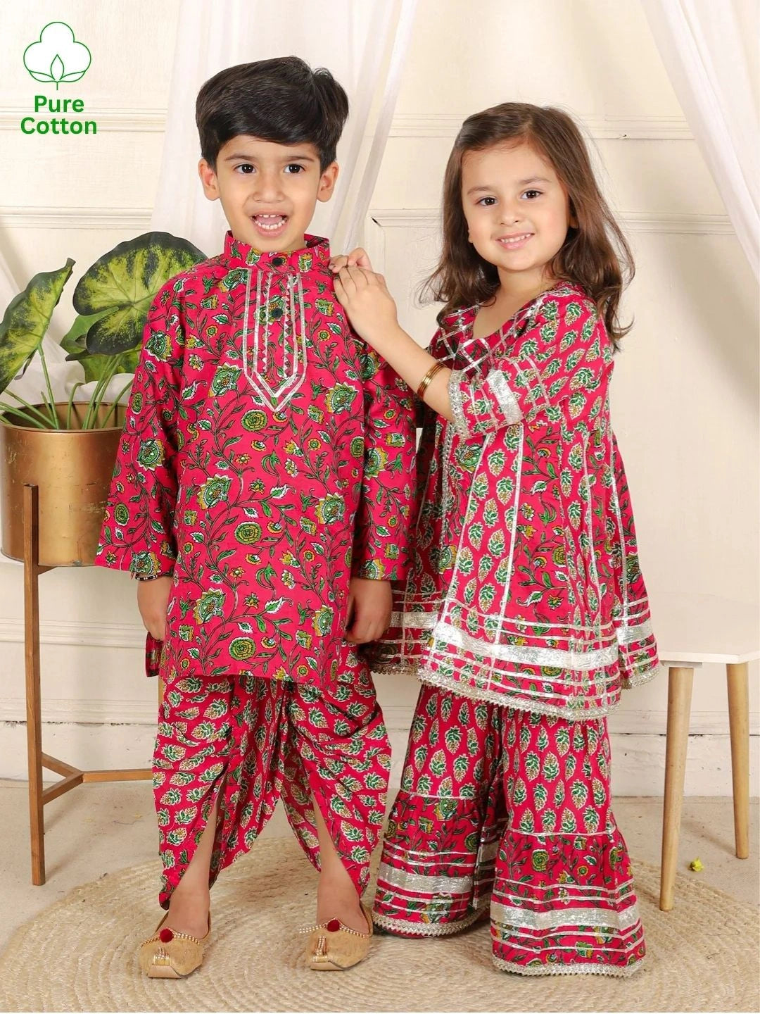 BownBee Sibling Pure Cotton Printed Kurta Sharara and Dhoti Kurta Set