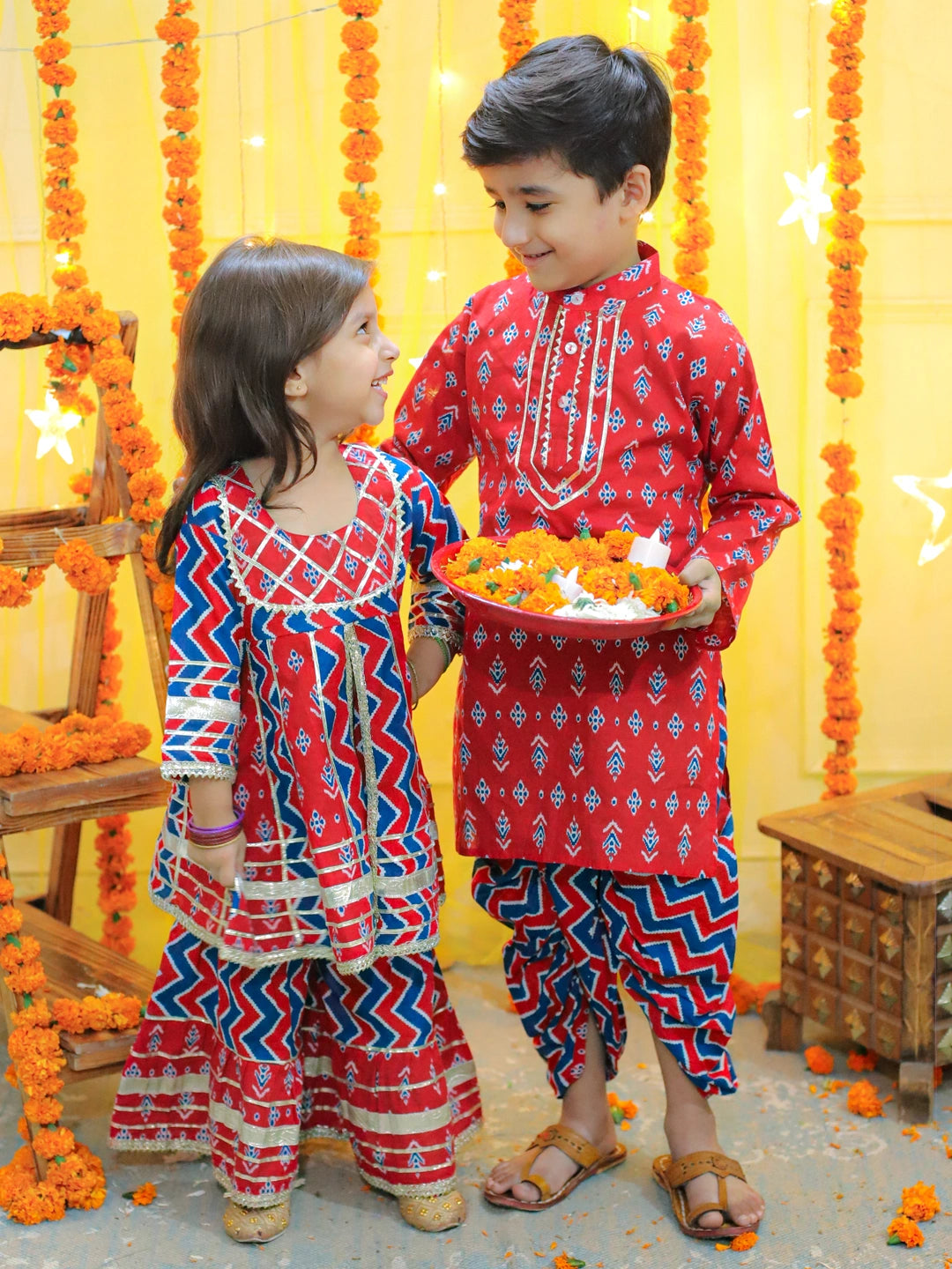BownBee Sibling Ethnic Festive Wear Pure Cotton Printed  with Gotta patti Kurta Sharara and Kurta Dhoti- Red