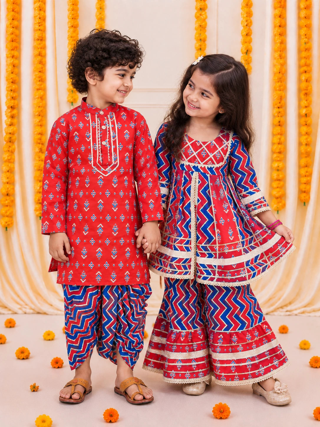 BownBee Sibling Ethnic Festive Wear Pure Cotton Printed  with Gotta patti Kurta Sharara and Kurta Dhoti