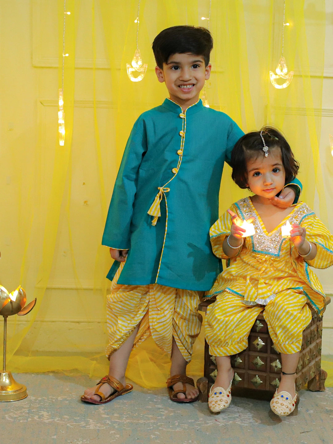 BownBee Front Open Cotton Full Sleeve Kurta with Dhoti and Pure Cotton Kaftan with Harem for Girls- Yellow