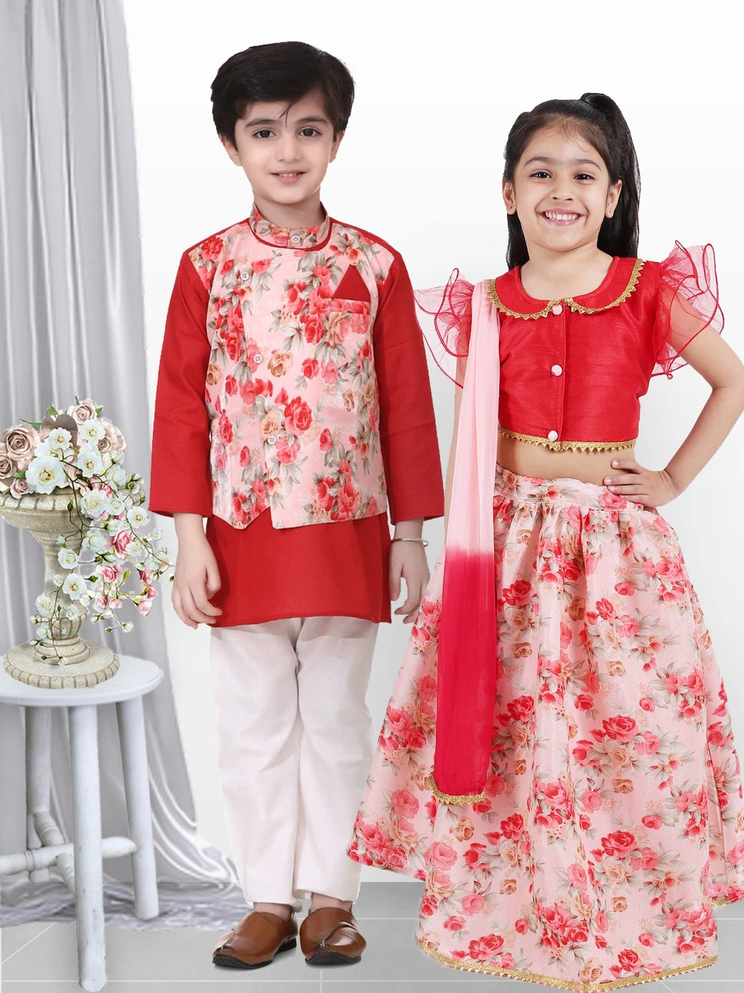 BownBee Sibling Set Attached Jacket Kurta Pajama For Boys-Red with Ruffle Sleeve Collar Choli With Floral Lehenga - Red