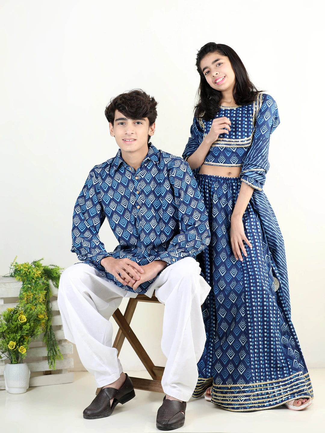 BownBee Sibling sets Pure Cotton Printed Lehenga Choli Dupatta and Kurta Pajama Set for Girls
