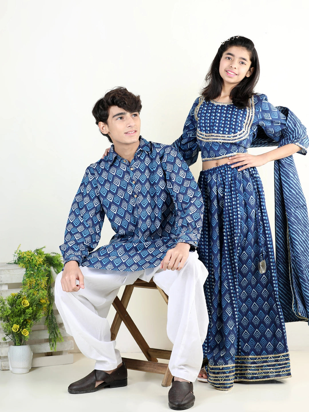 BownBee Sibling sets Pure Cotton Printed Lehenga Choli Dupatta and Kurta Pajama Set for Girls
